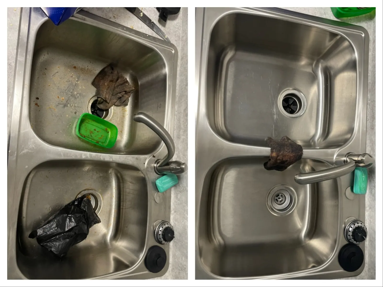 Side-by-side comparison of a kitchen sink before and after cleaning with debris removed and surface shiny.