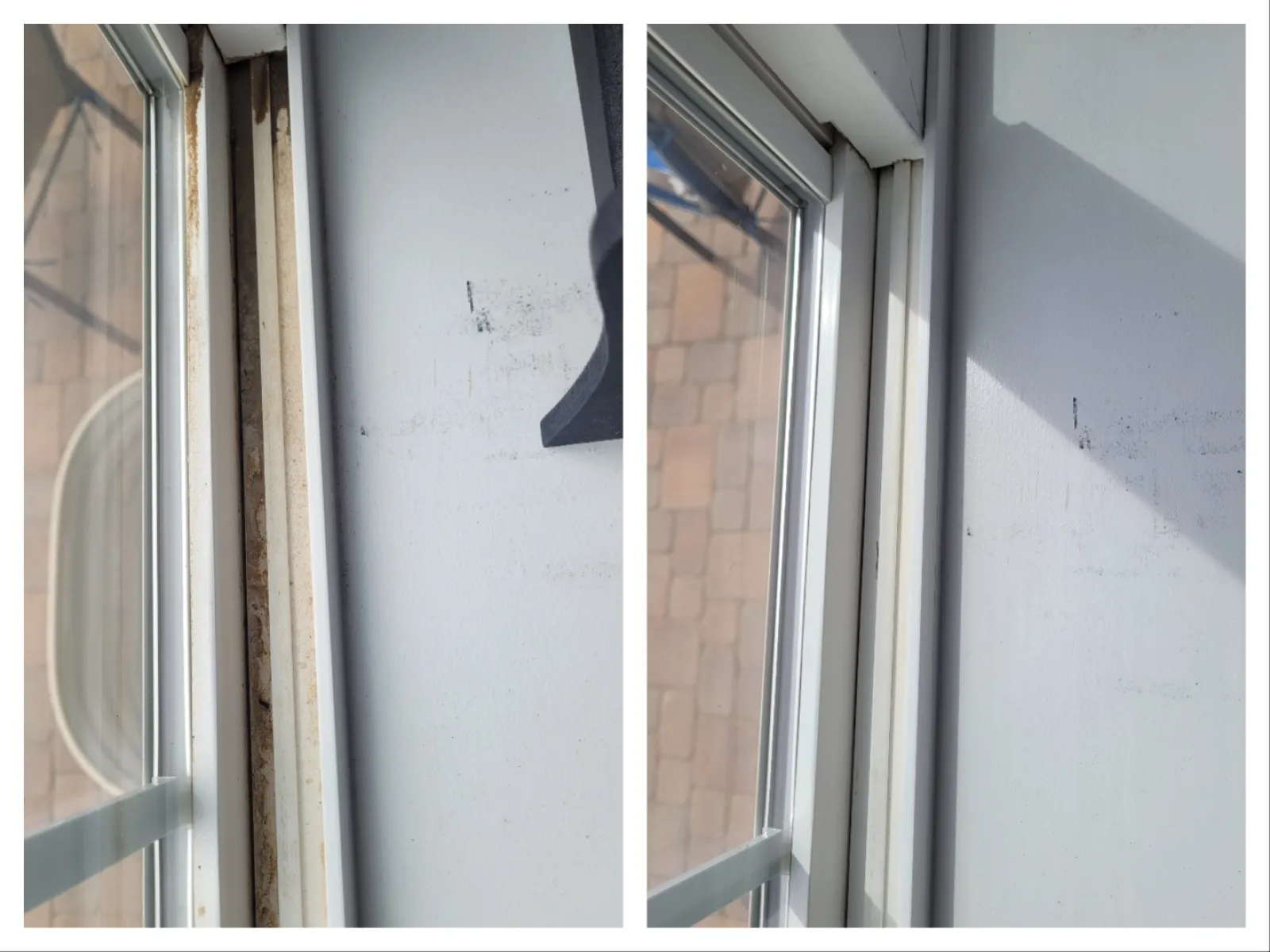 Side-by-side comparison of window track before and after cleaning showing removal of dirt and grime.