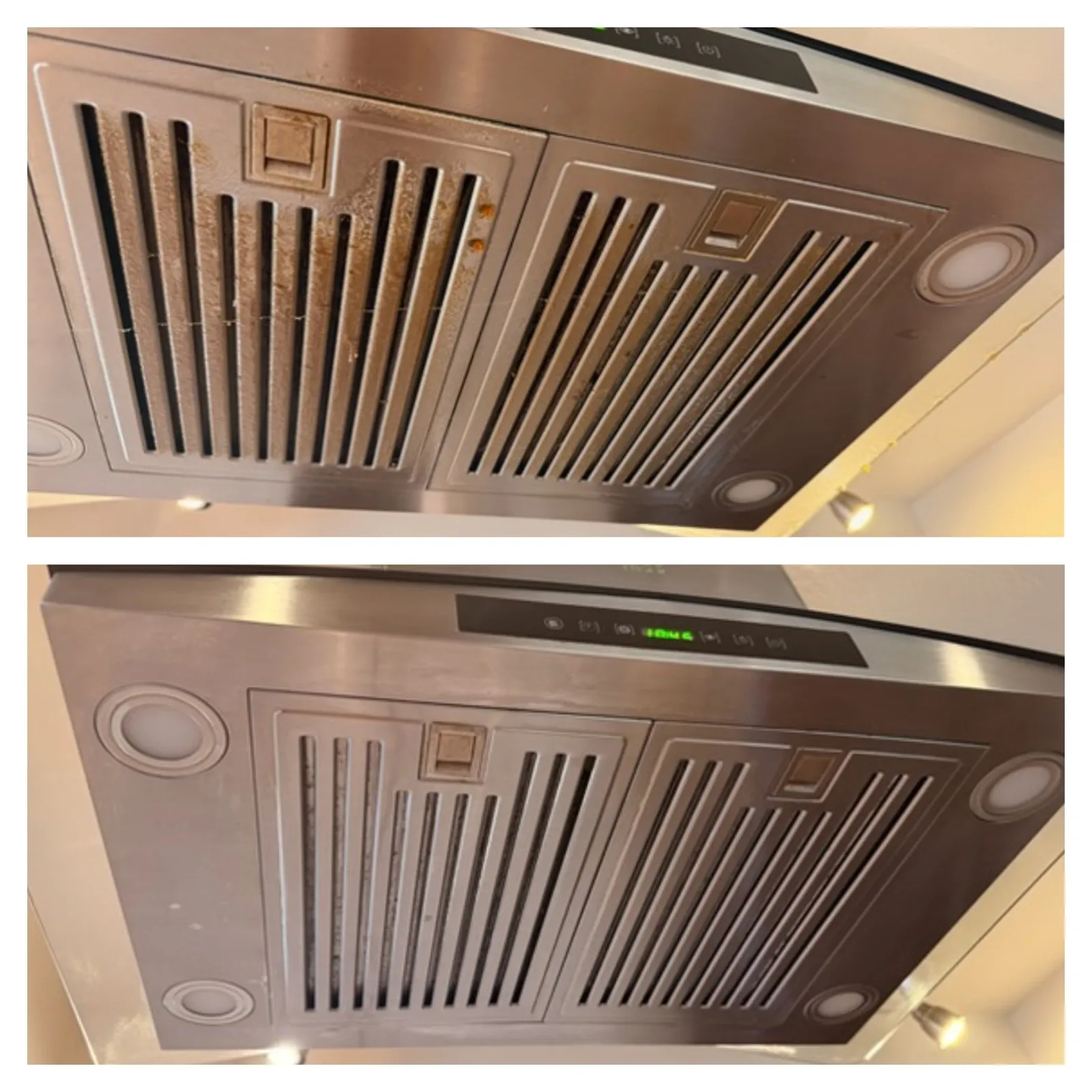 Comparison of a dirty and cleaned stainless steel kitchen range hood filter and vent panel.