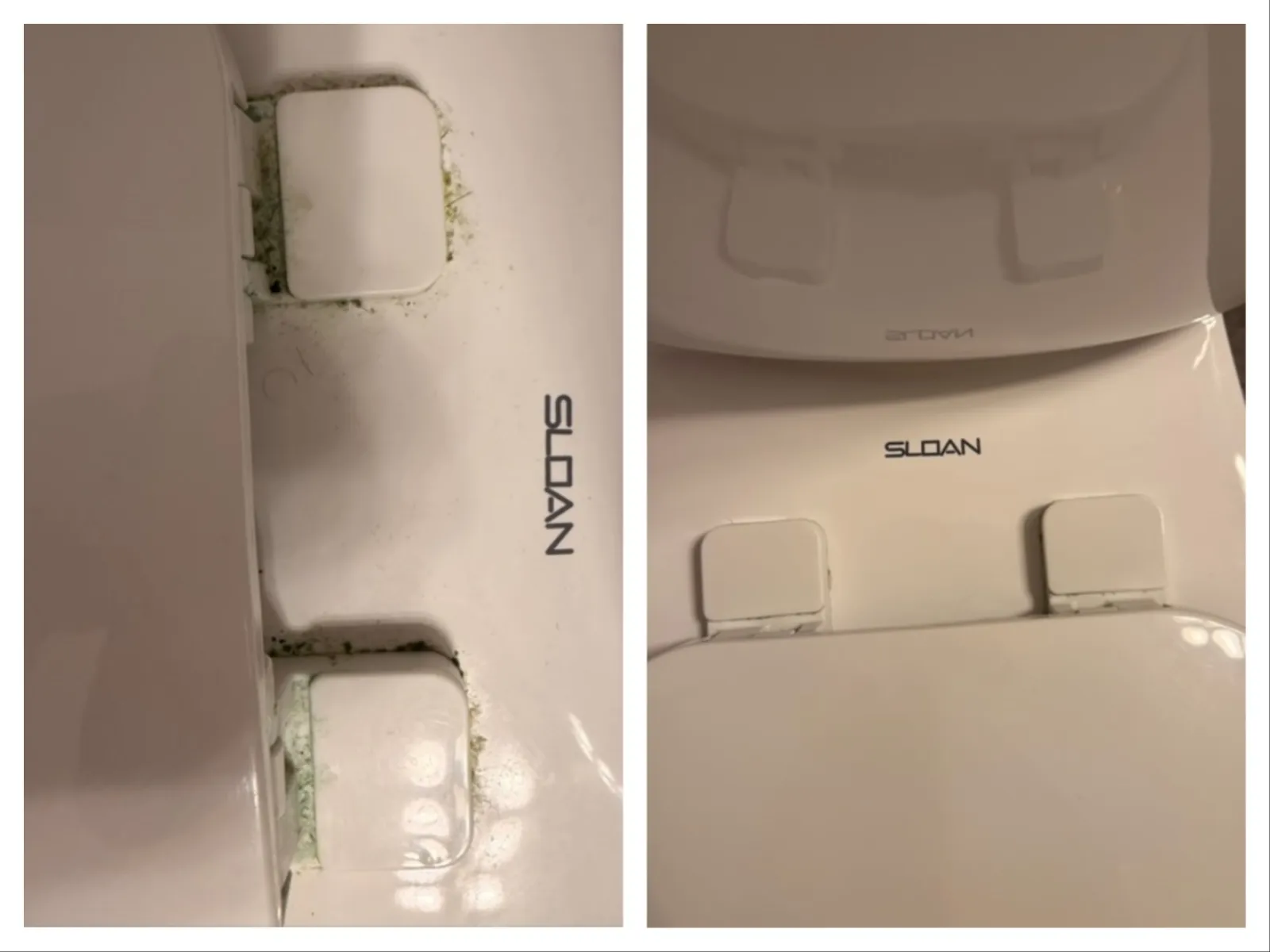 Comparison of two Sloan toilet seat hinges, one dirty with grime and the other clean and well-maintained.