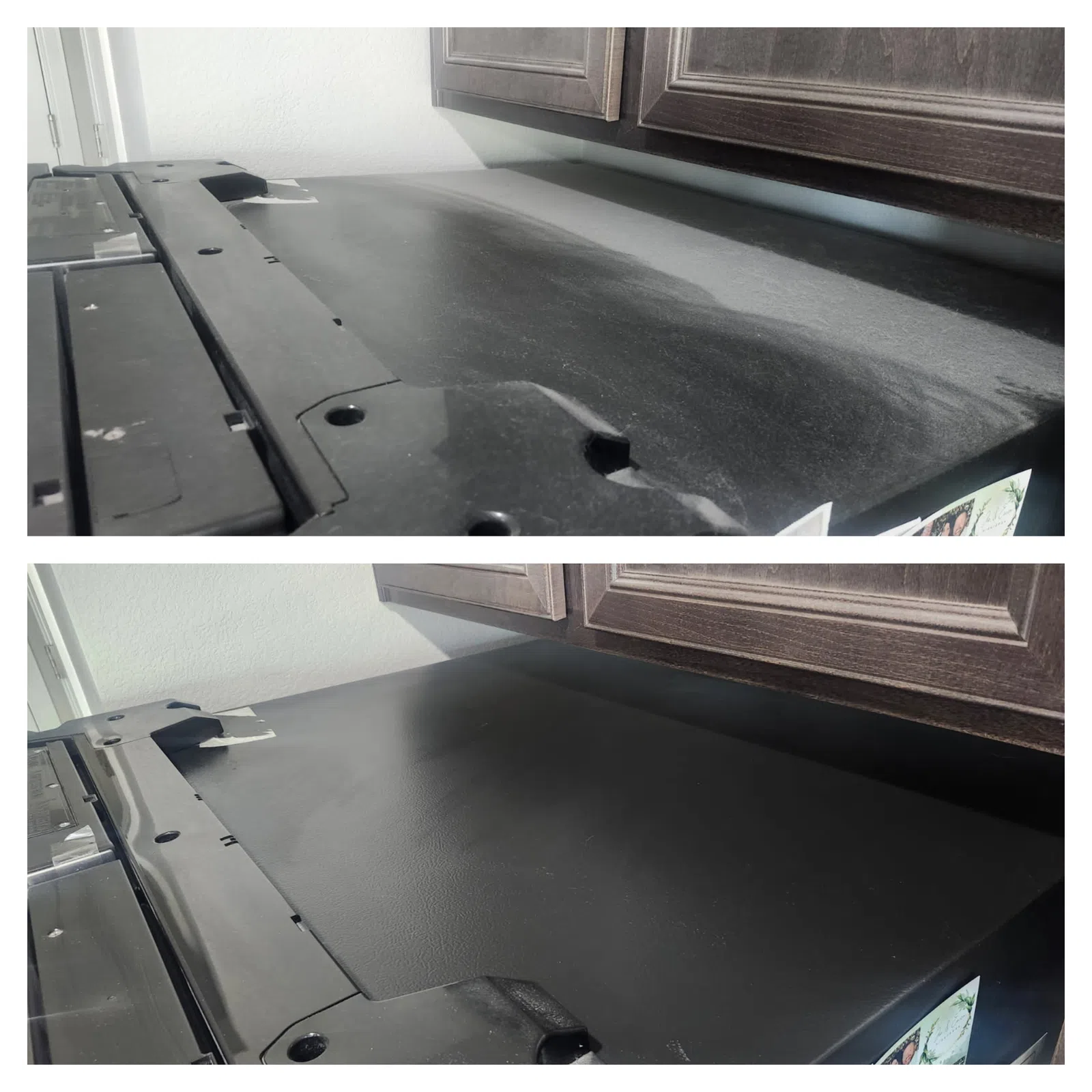 Before and after images of a black stove top showing heavy dust cleaned to a smooth, clean surface.