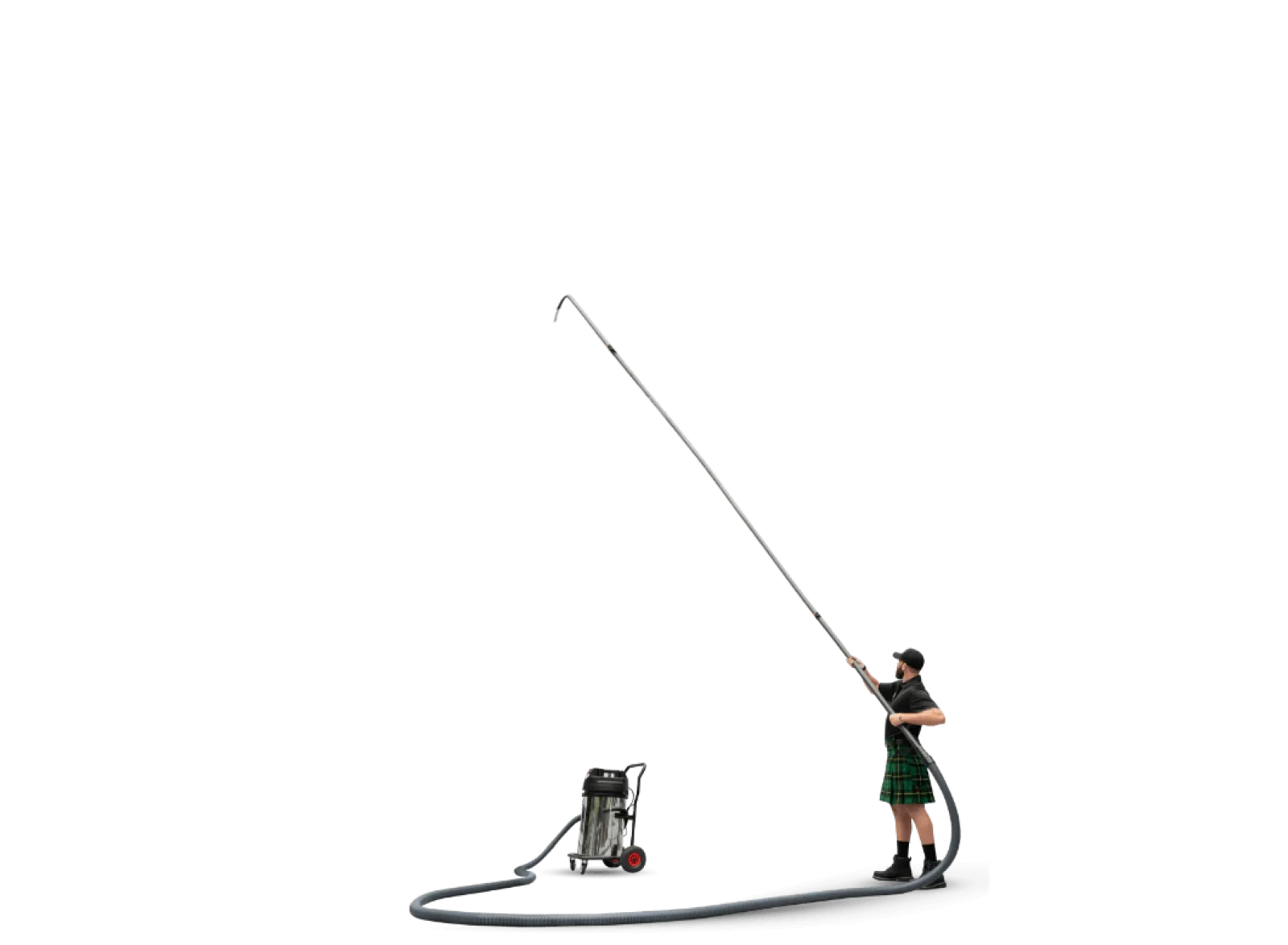Person in a kilt operating a long vacuum hose connected to an industrial vacuum on a black background