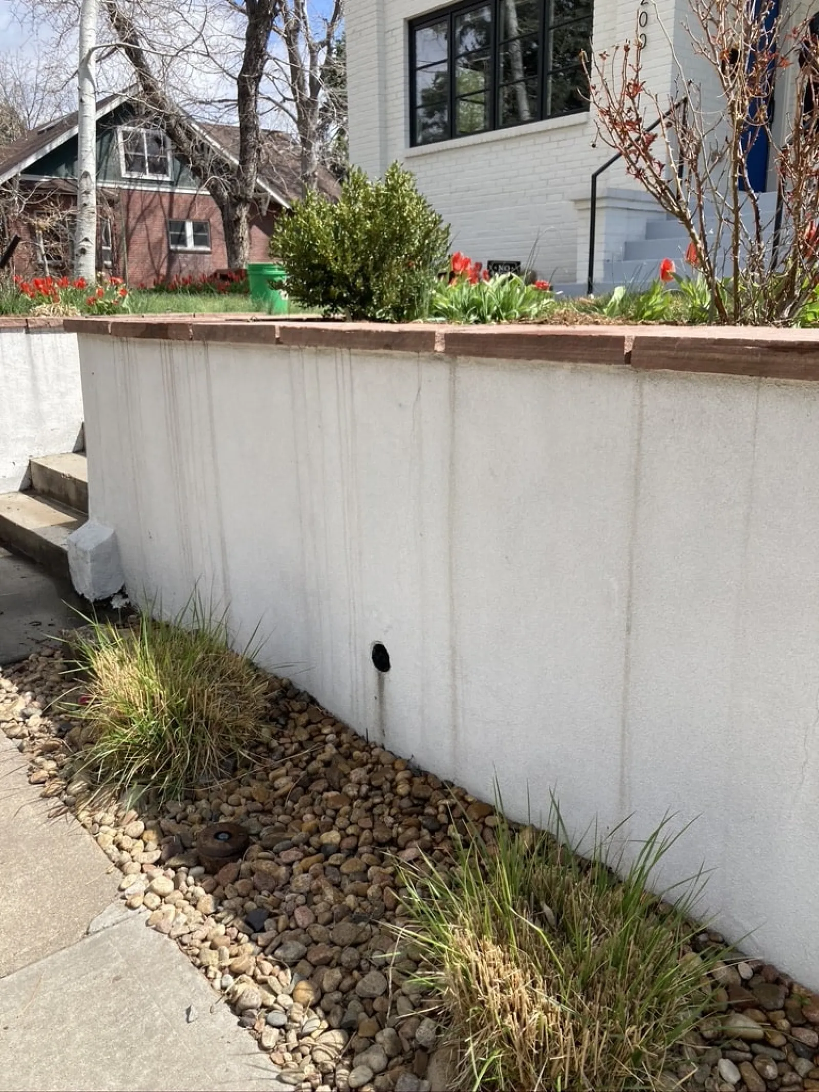 a white wall with a planter