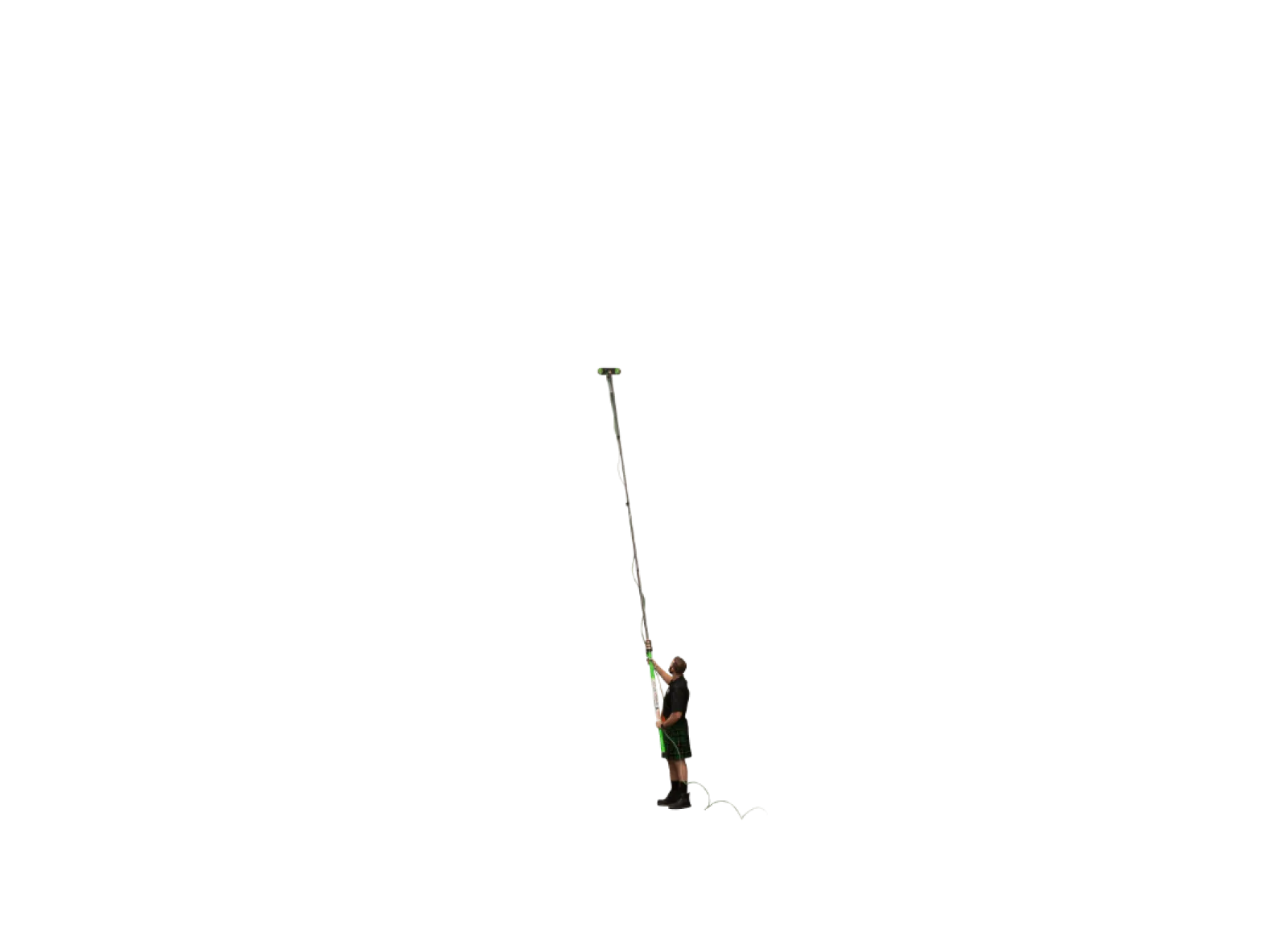 Person stretching out with long pole in mid-air isolated on black background