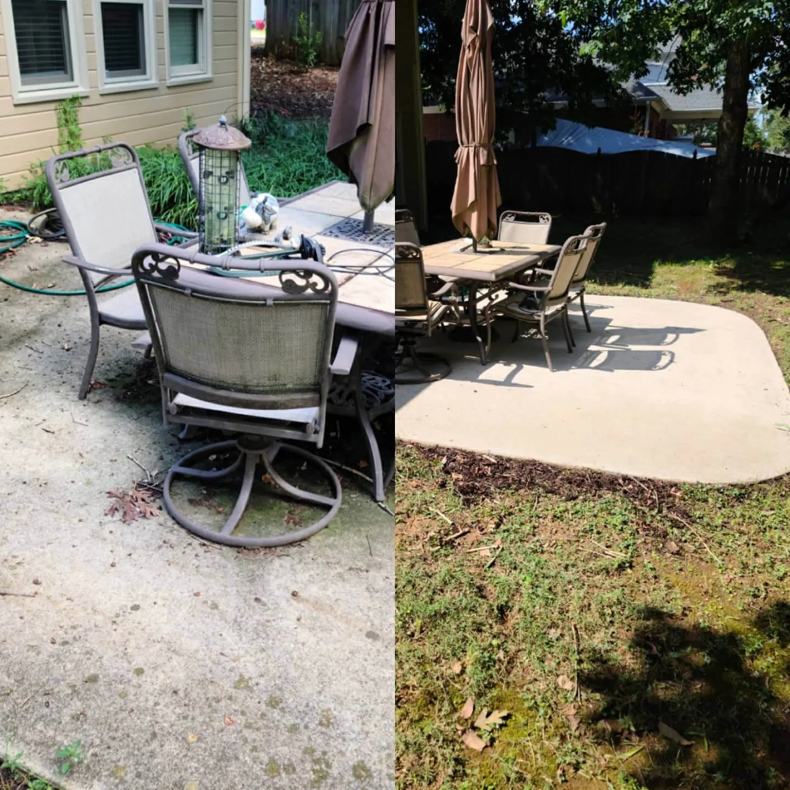 a patio with chairs and tables