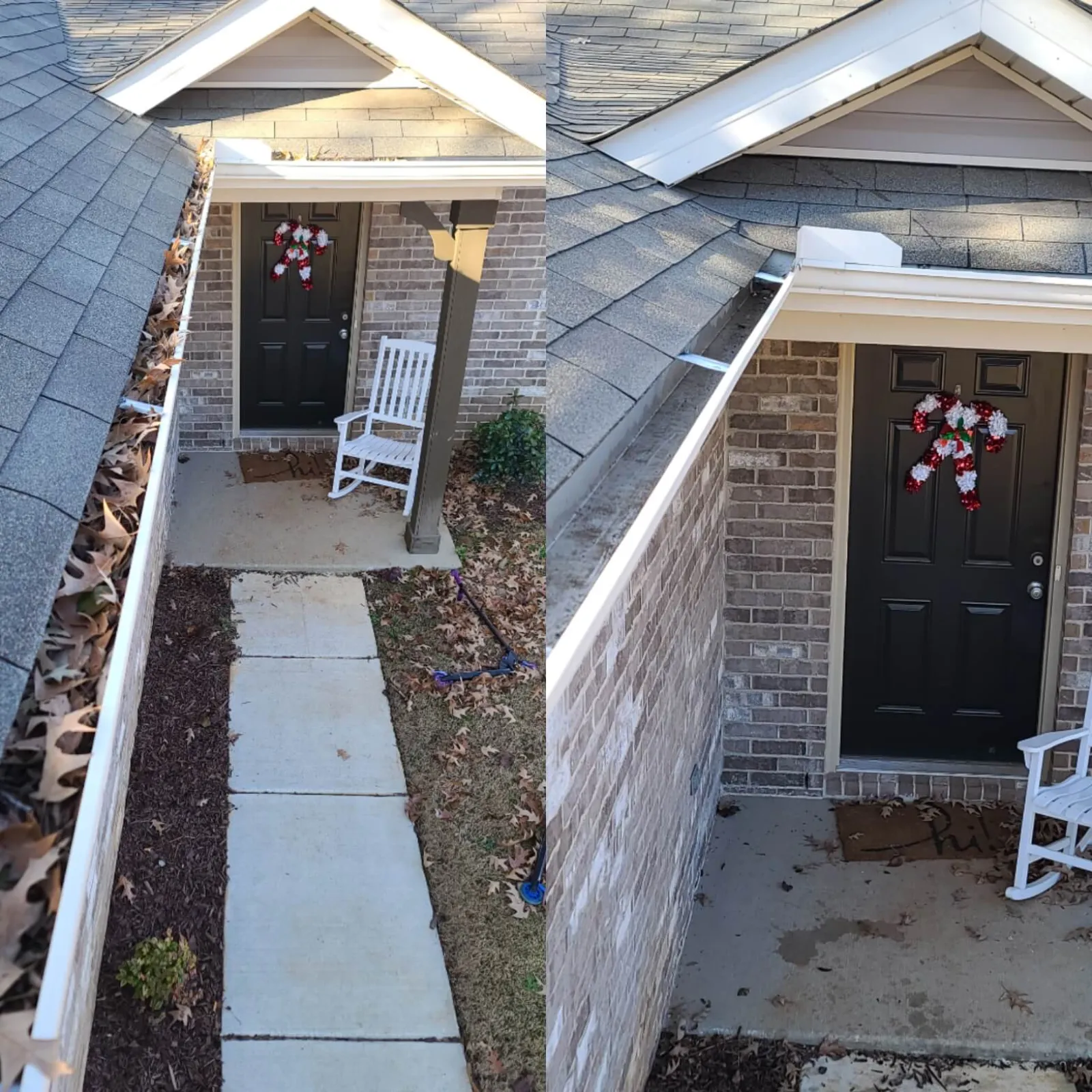 a house with a brick patio and a door with flowers on it