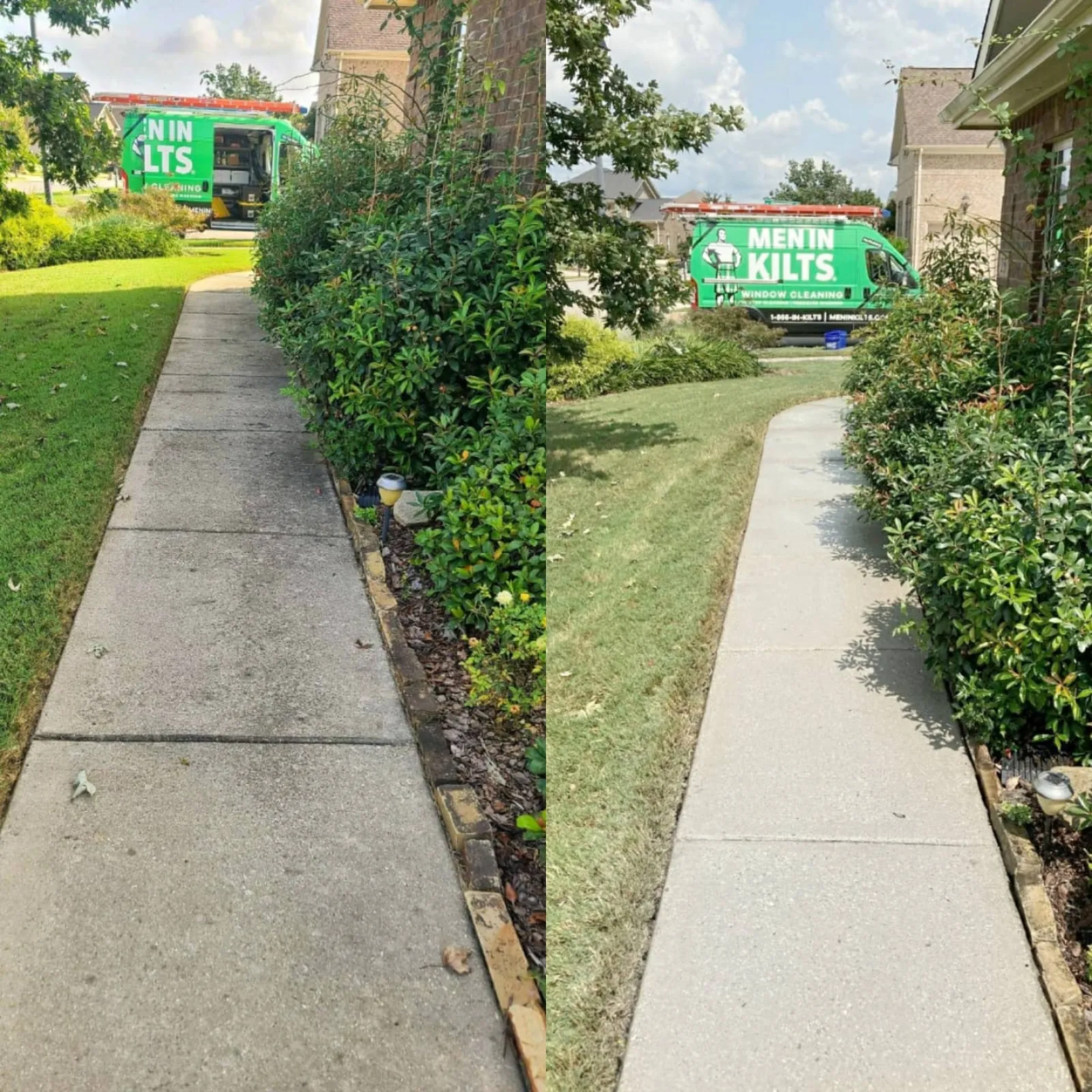 a sidewalk with plants and a bus