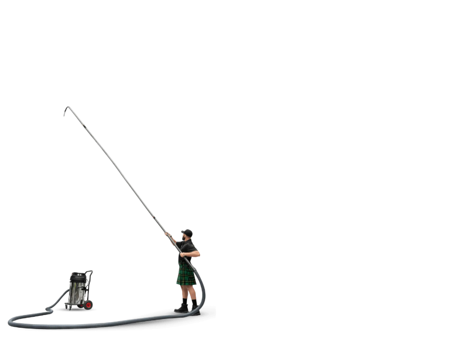 Person in kilt holding long vacuum hose attached to industrial vacuum cleaner on wheels