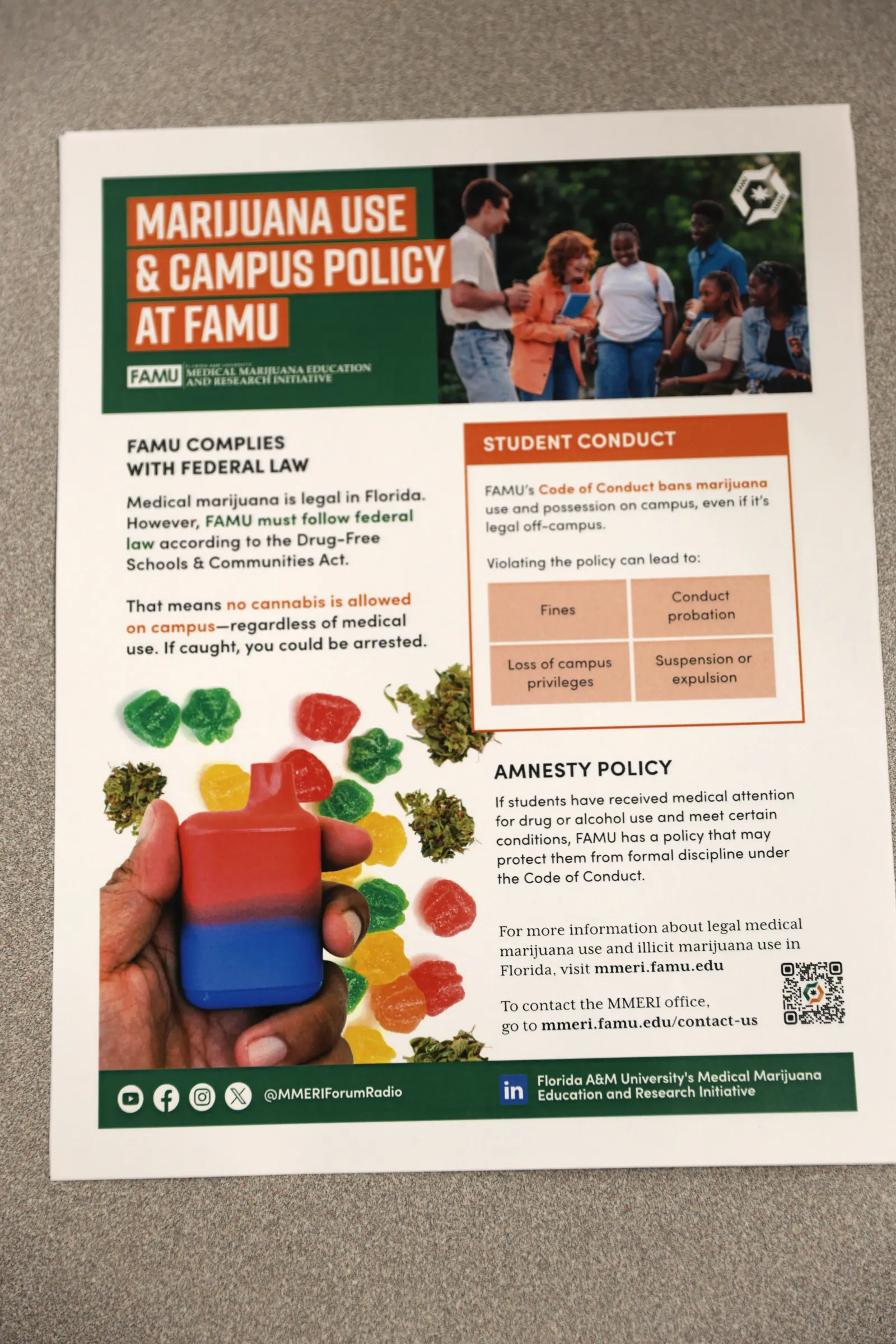 Flyer about marijuana use and campus policy at FAMU, detailing student conduct rules and amnesty policy.