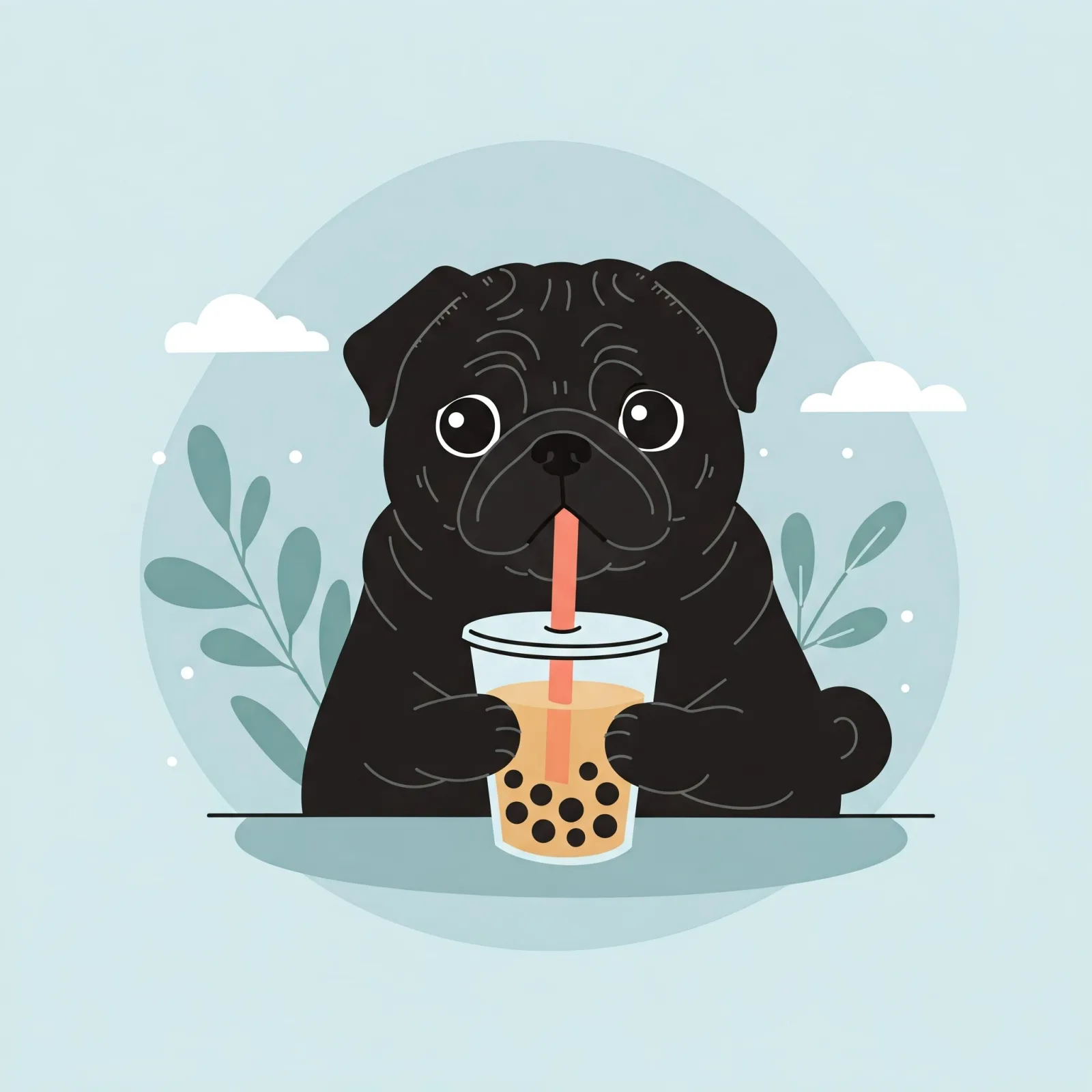 Adorable black pug sipping bubble tea with a pastel background and green leaves around.