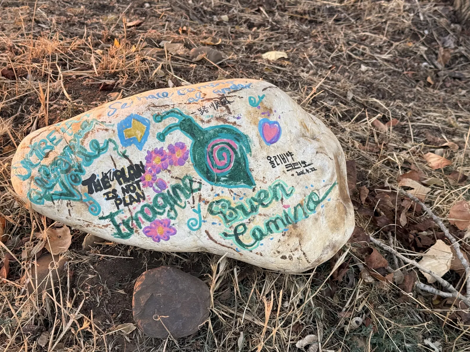 A large rock painted with colorful messages, hearts, a snail, and the phrase Buen Camino on dry grass.