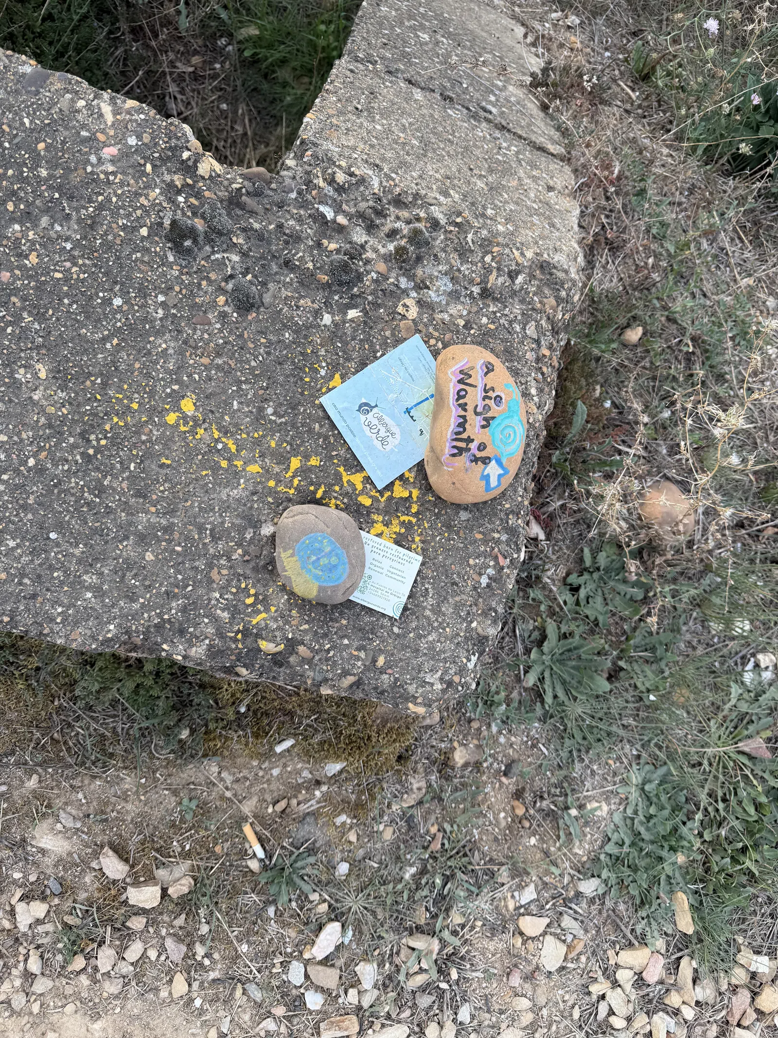 Two painted rocks with messages placed on a rough stone surface amid grass and small plants outdoors.