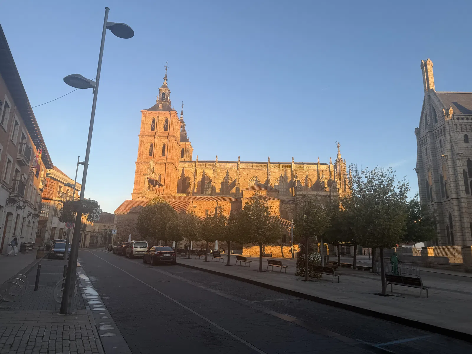 Historic cathedral illuminated by golden sunset light with surrounding trees and street in urban setting.