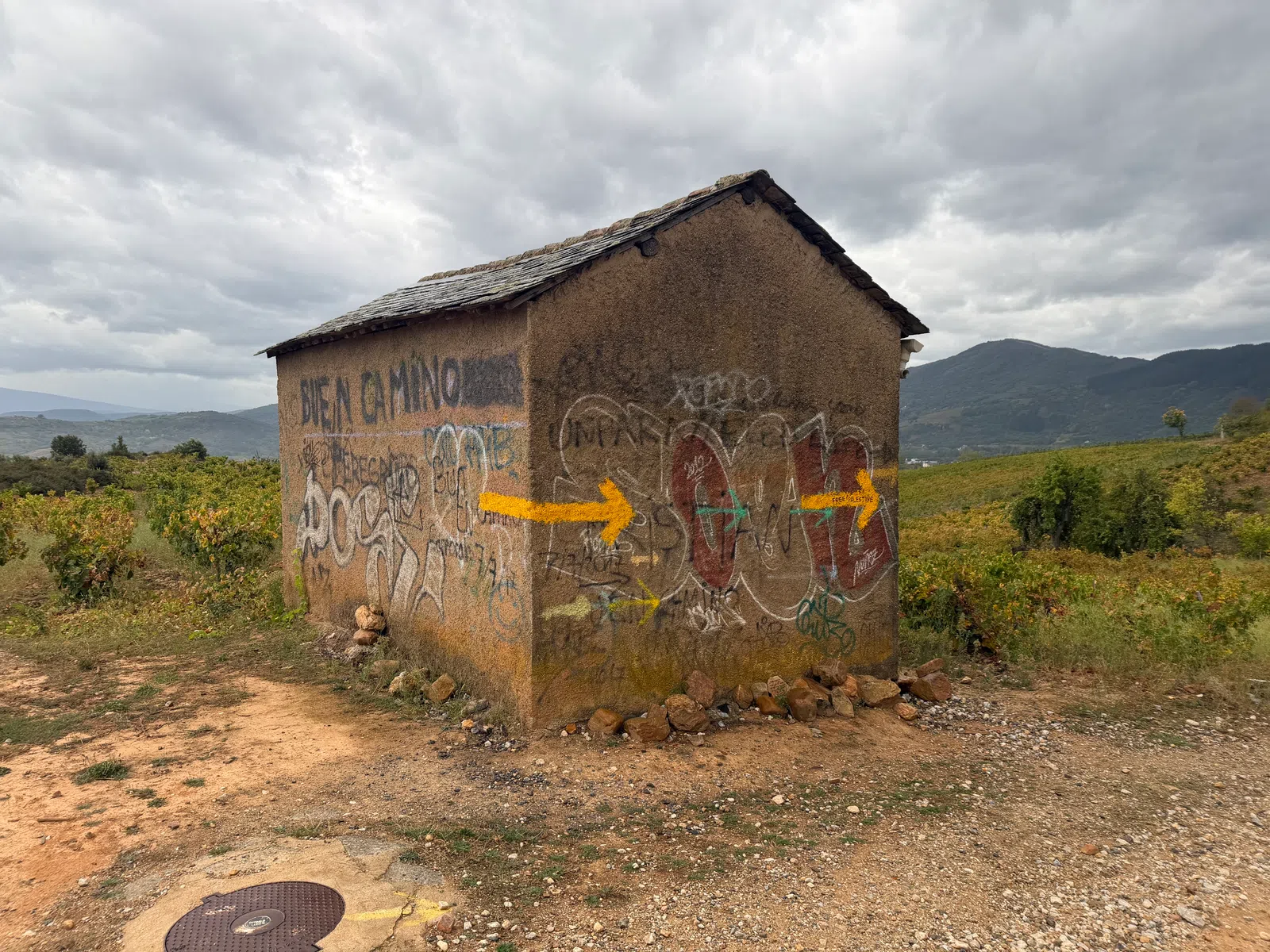 Old rustic shed with yellow arrows and graffiti in a rural landscape under cloudy sky.