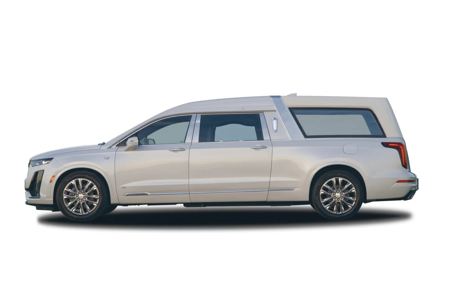 Sleek silver hearse with modern design and luxury features, showcasing elegance for memorial services.