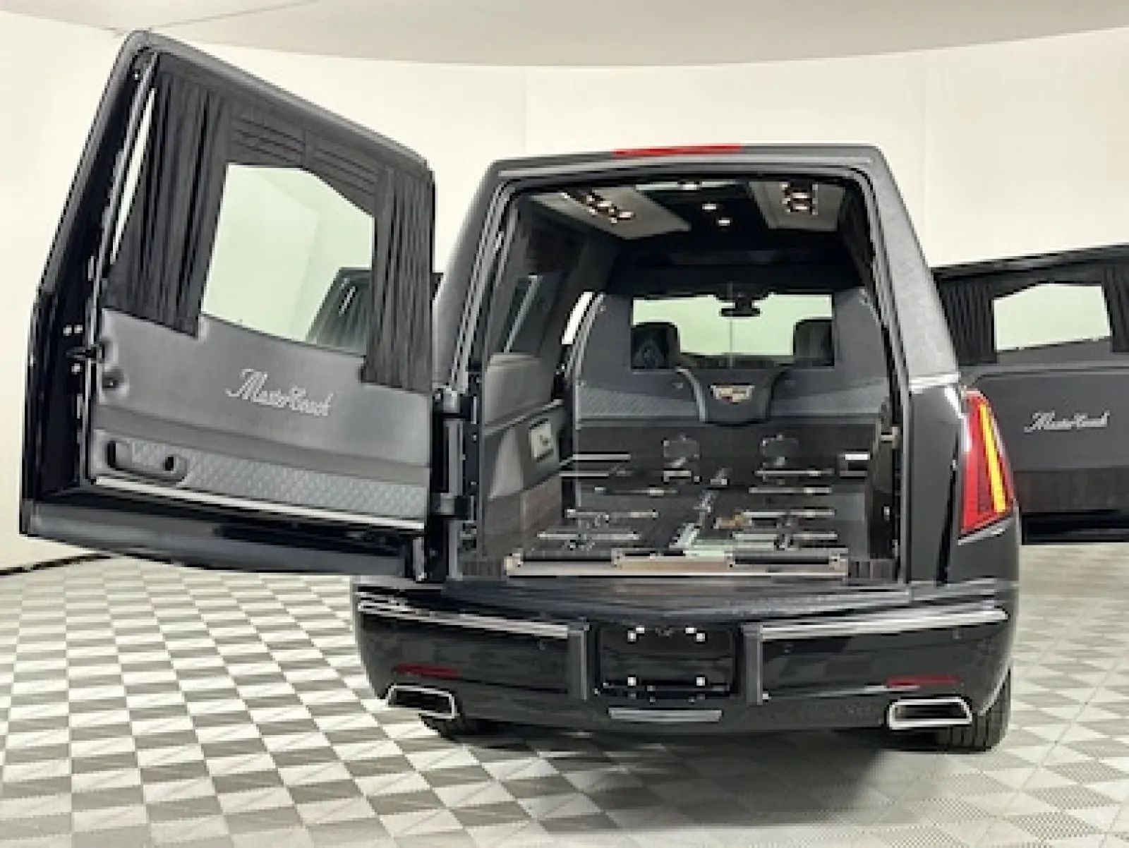 Luxury hearse interior showcasing spacious cargo area and sleek design.