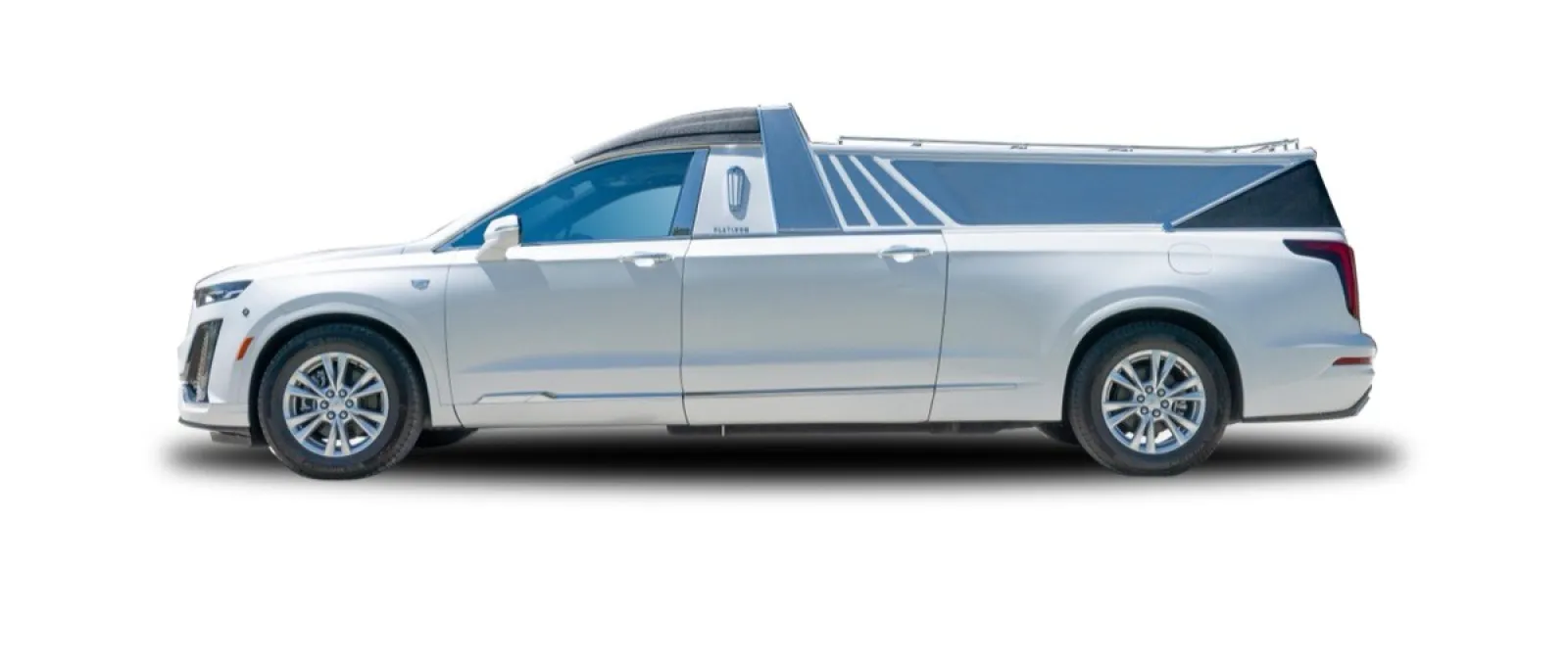 A sleek white pickup truck with a unique design and modern features, showcased from the side.