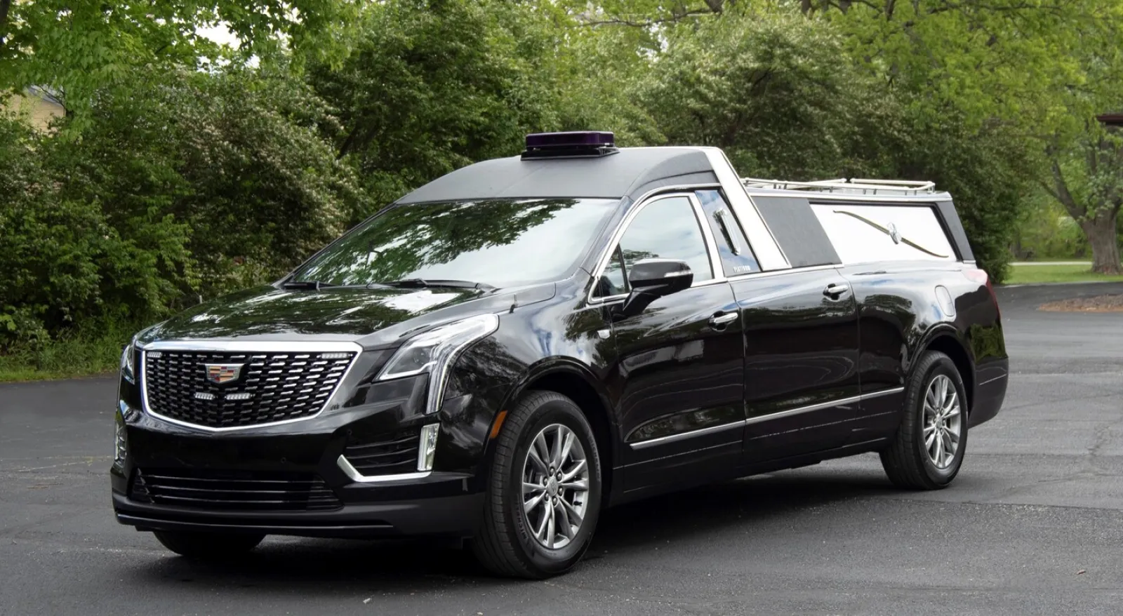 A black Cadillac hearse parked amidst greenery, showcasing its sleek design and spacious rear.
