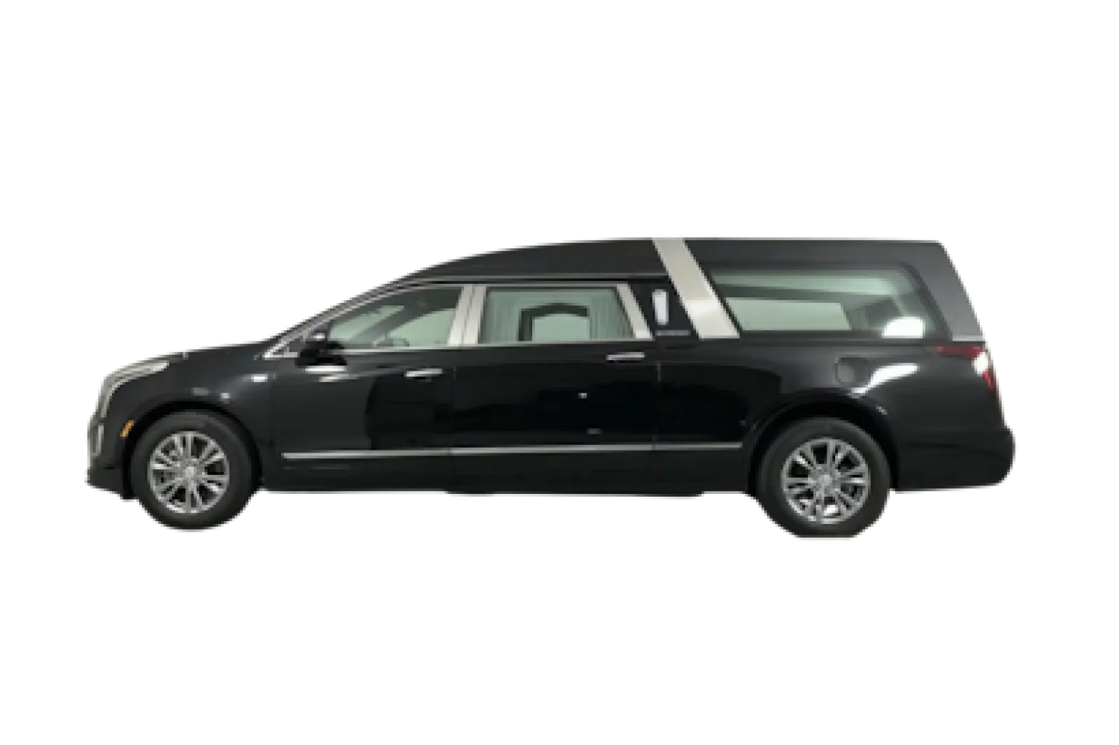 Elegant black hearse with sleek design and tinted windows, perfect for funeral services.