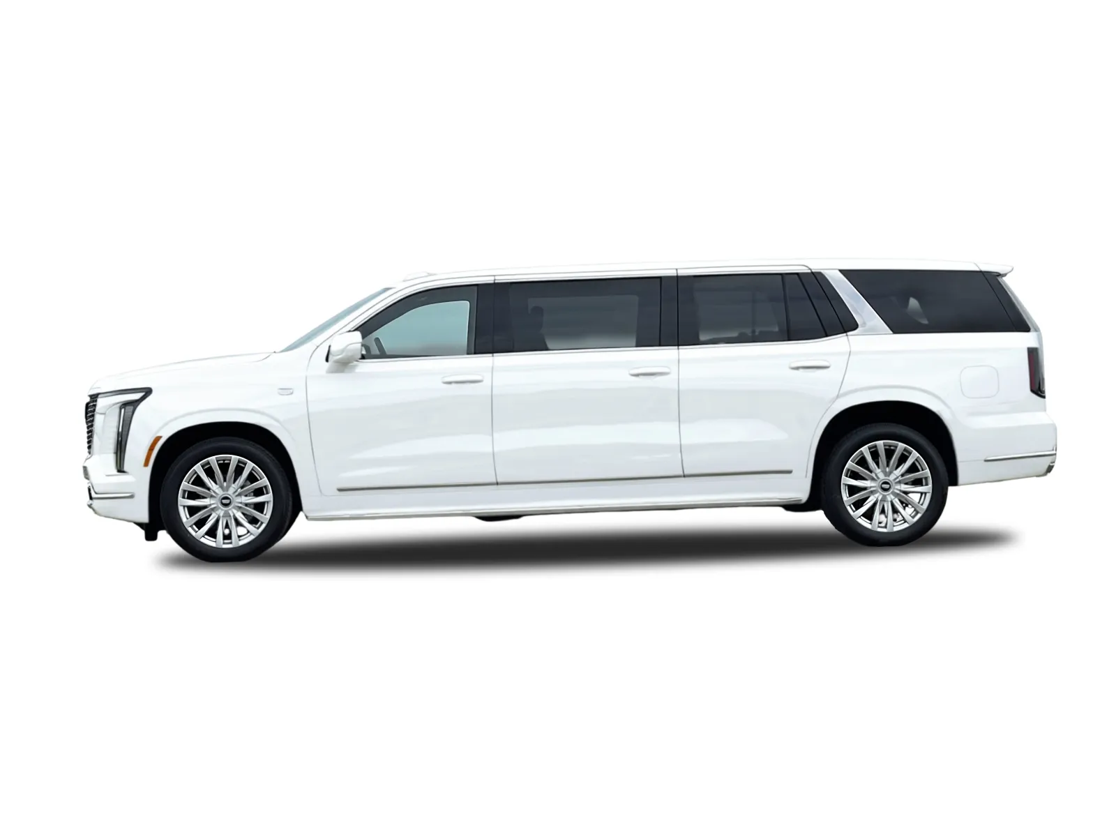 Side view of a white luxury extended limousine SUV isolated on white background.