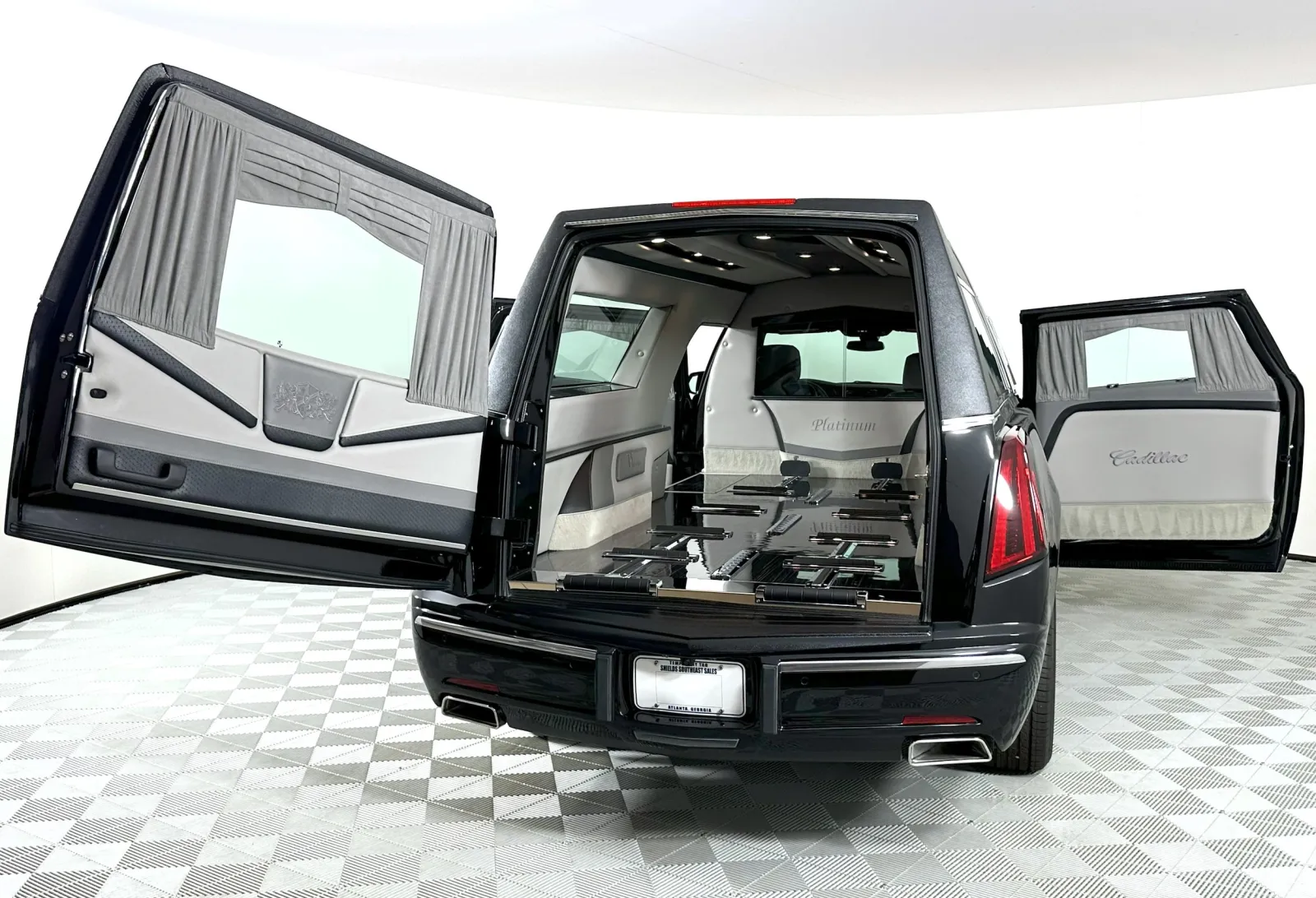 Luxurious hearse interior showcasing spacious design and elegant finishes for transporting loved ones.