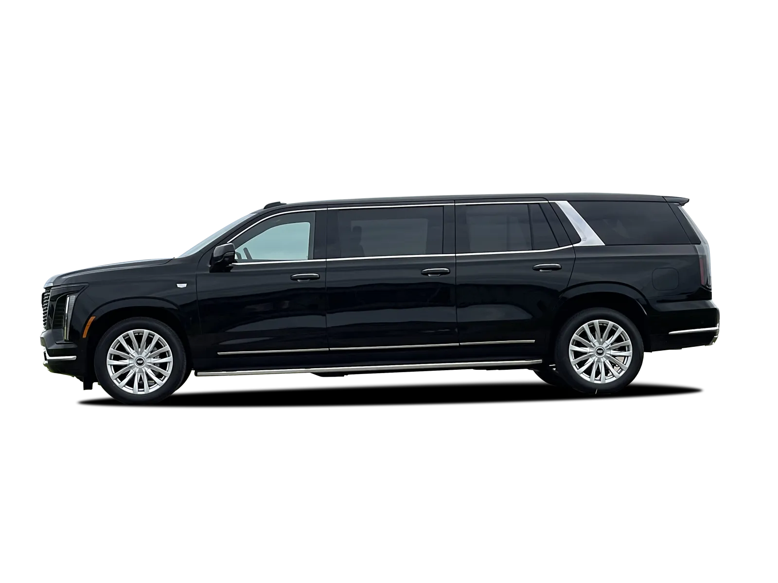 Black luxury stretch SUV limousine with tinted windows and silver accents, isolated on transparent background.