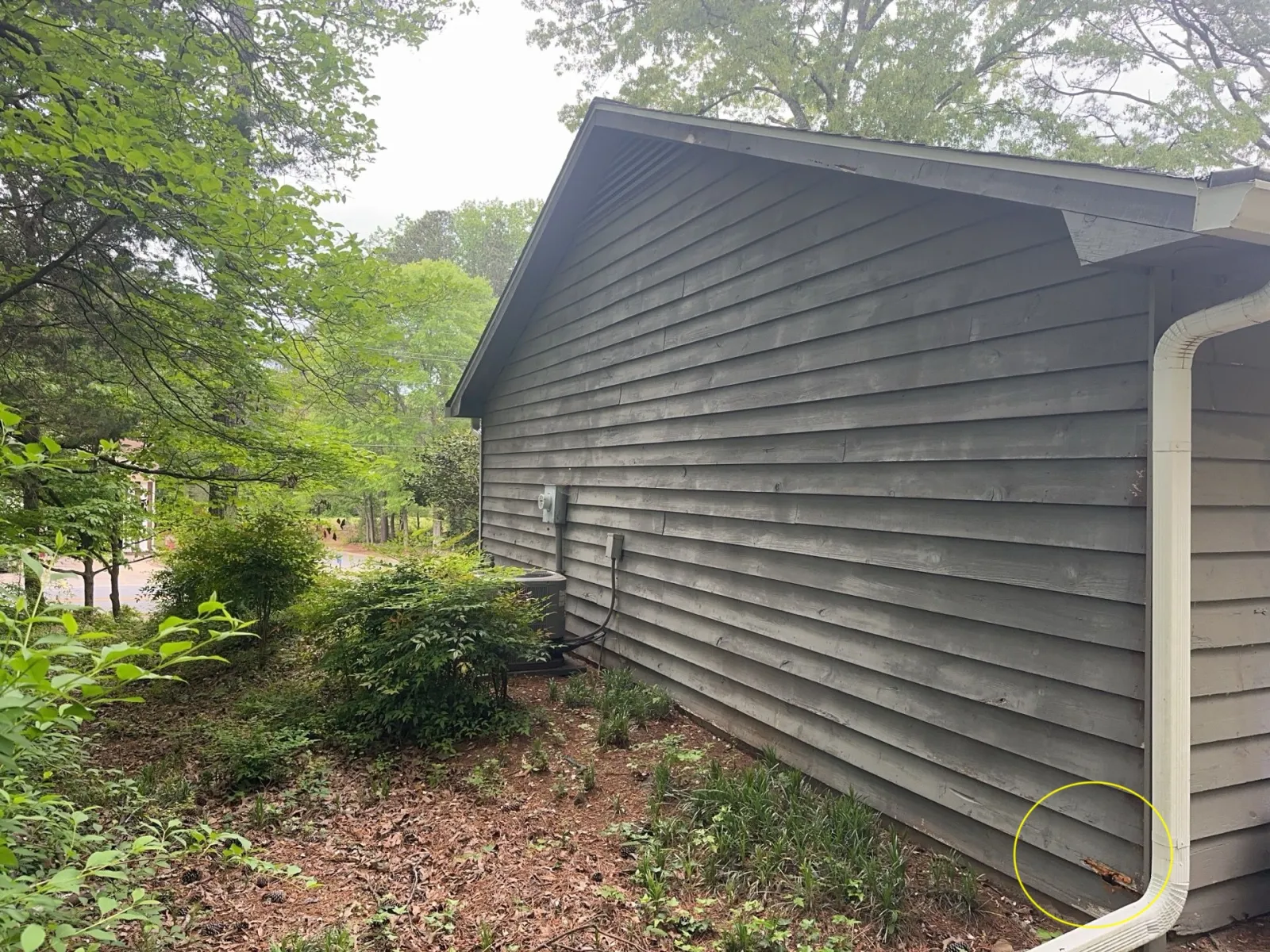 Side of a gray wooden house with horizontal siding and white downspout, surrounded by mulched ground, small bushes, and trees, with a highlighted section near the base showing debris against the siding in Marietta