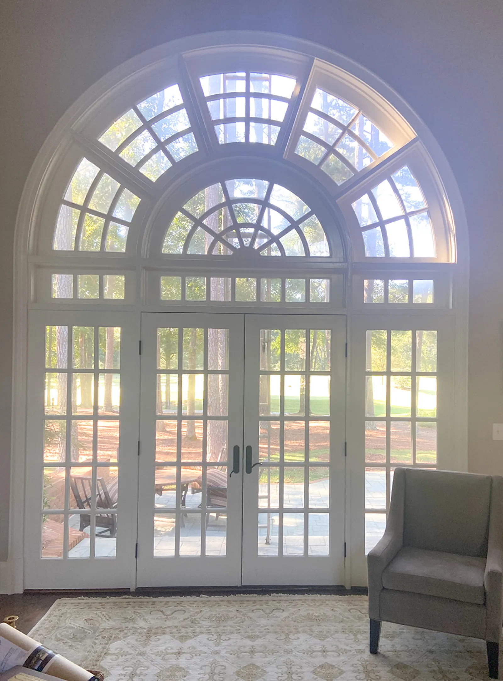 a room with glass doors