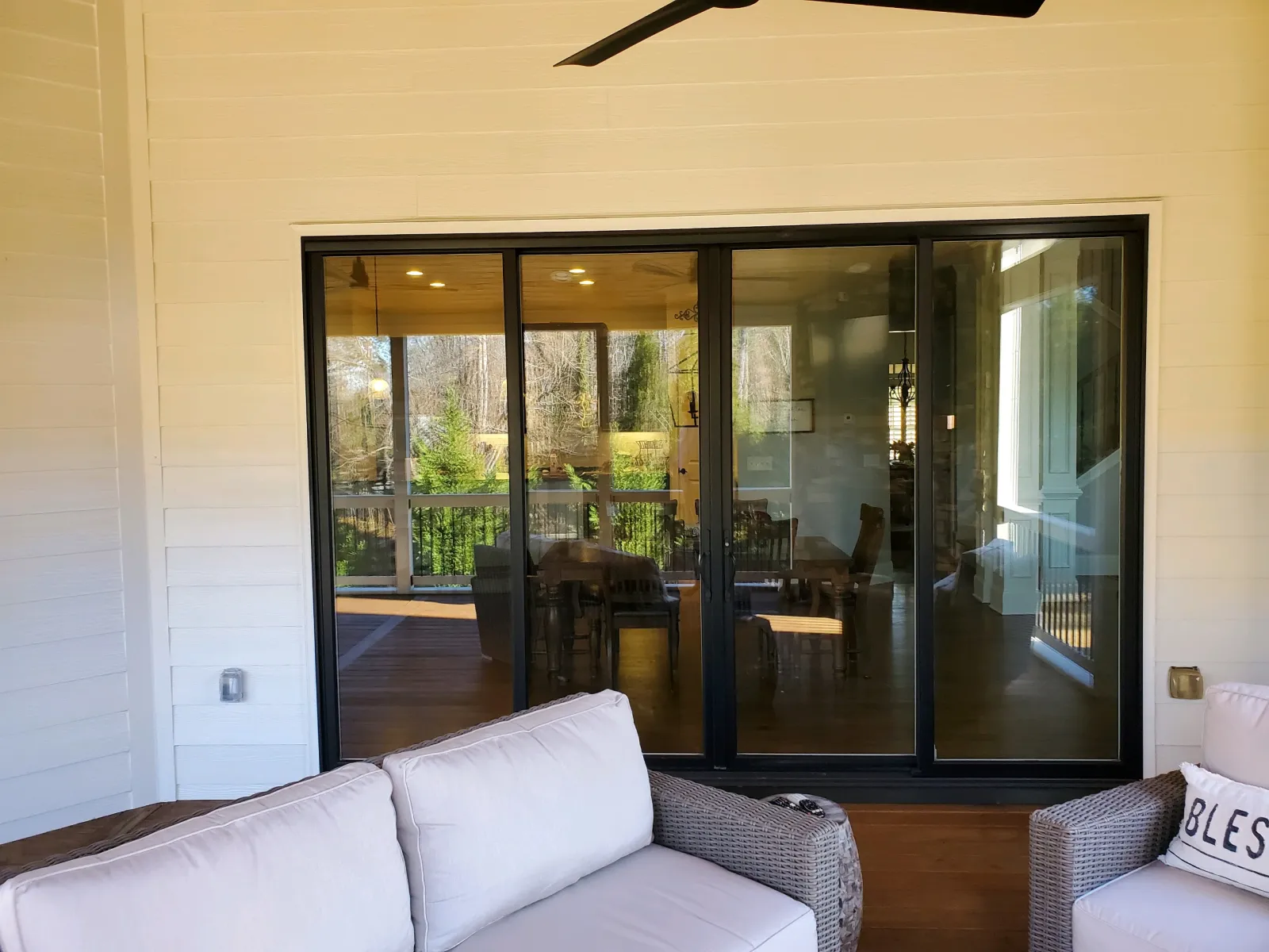 a room with glass doors