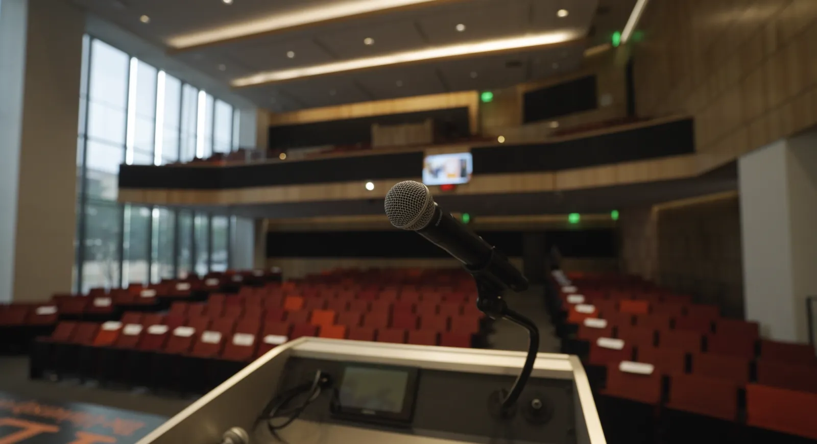 a microphone on a podium in a room with red seats