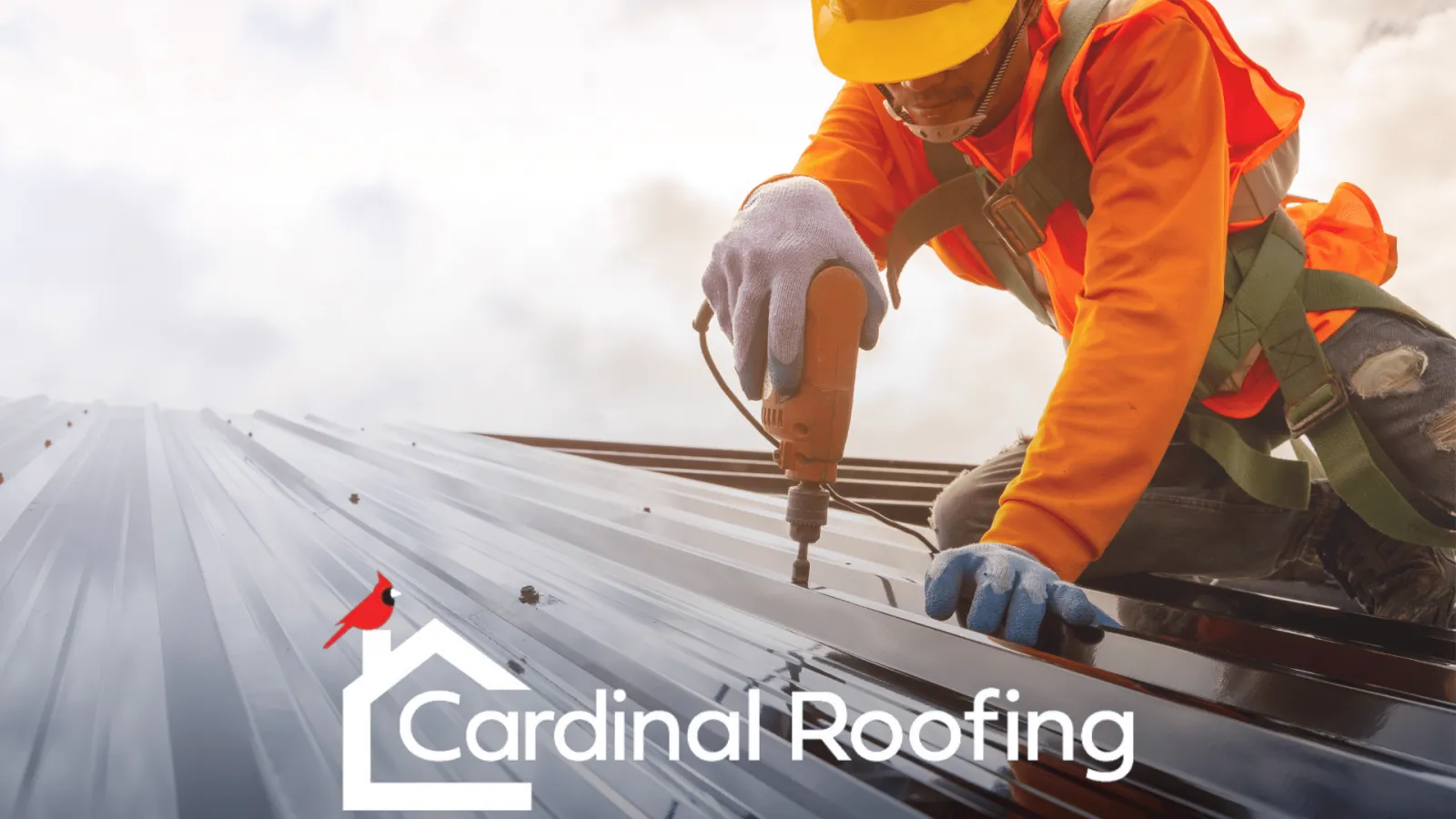 Cardinal Roofing poster of worker drilling metal roof piece 