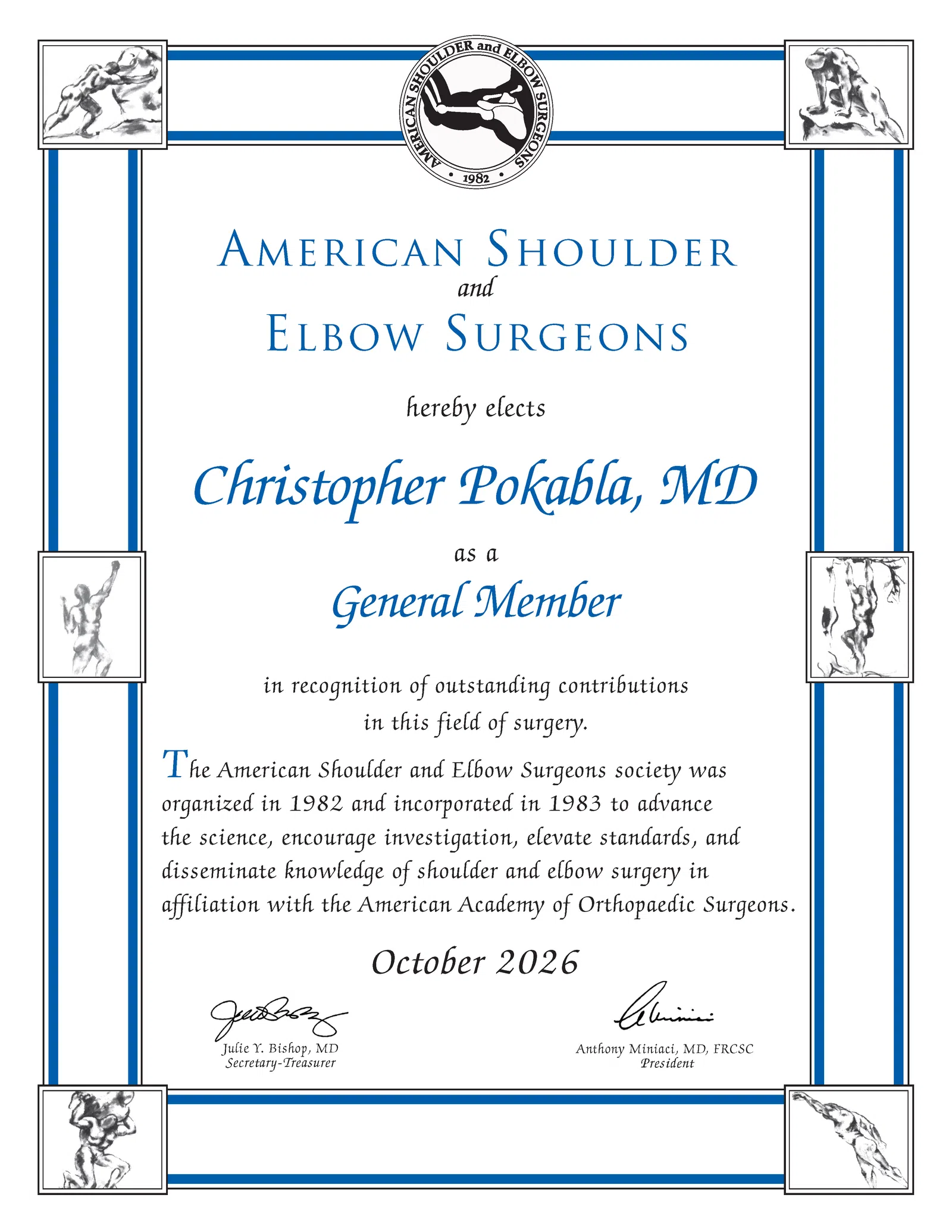 Certificate from American Shoulder and Elbow Surgeons electing Christopher Pokabla, MD as General Member in October 2026.