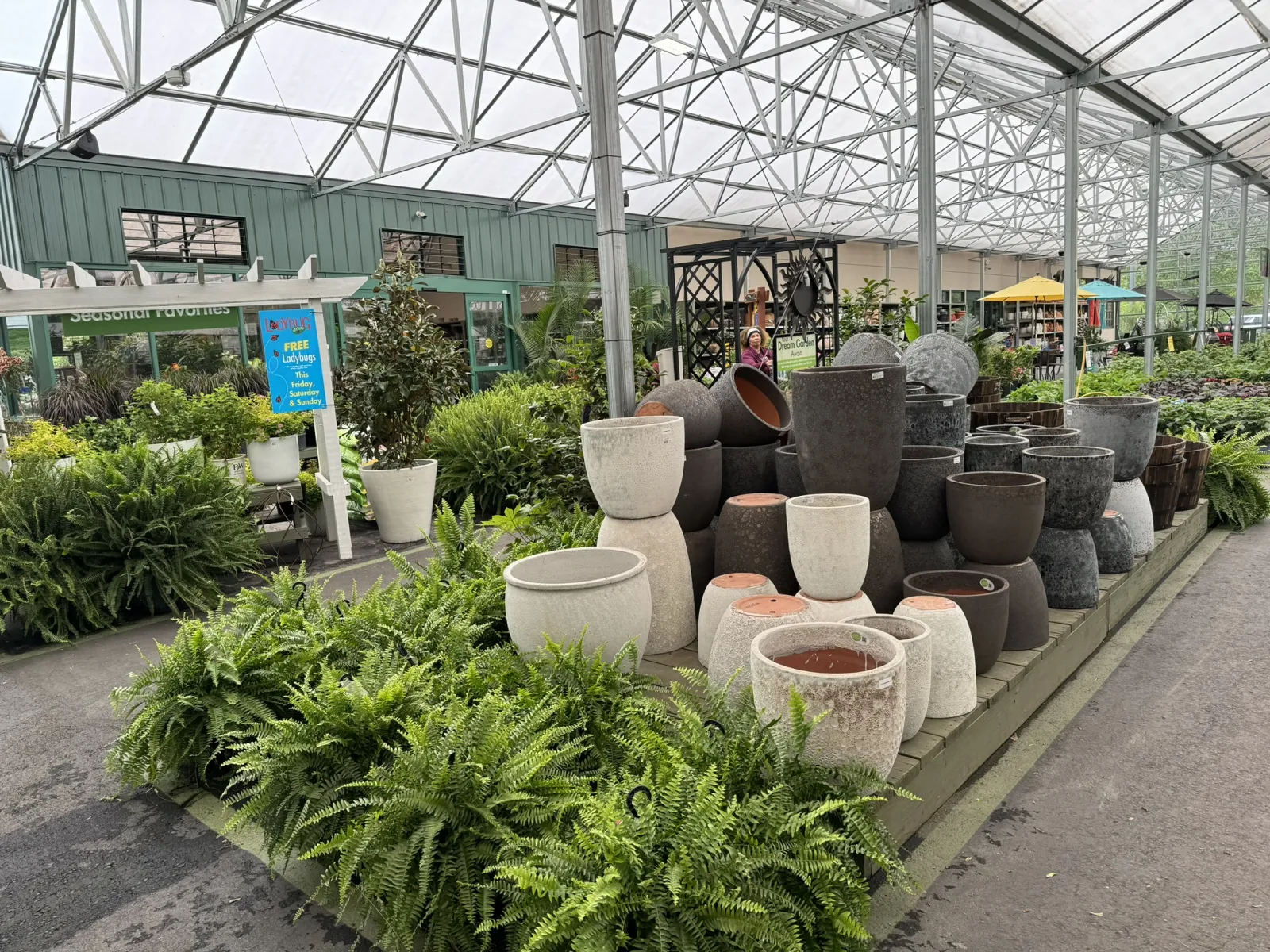 Large variety of ceramic and stone garden pots displayed in a spacious greenhouse with lush green plants.