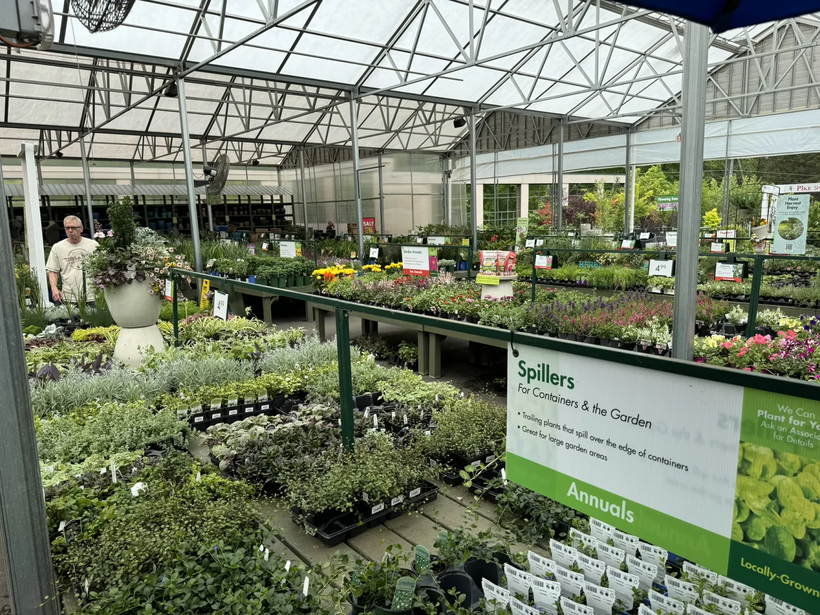 Greenhouse nursery with tables of various annual plants and gardening supplies under a glass roof.