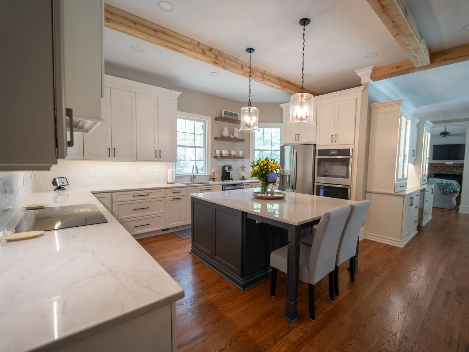 a kitchen with a large island