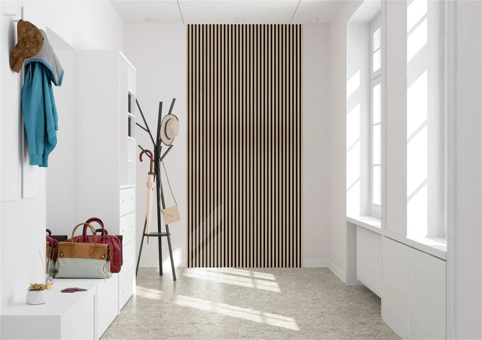 A foyer with acoustic wall panels