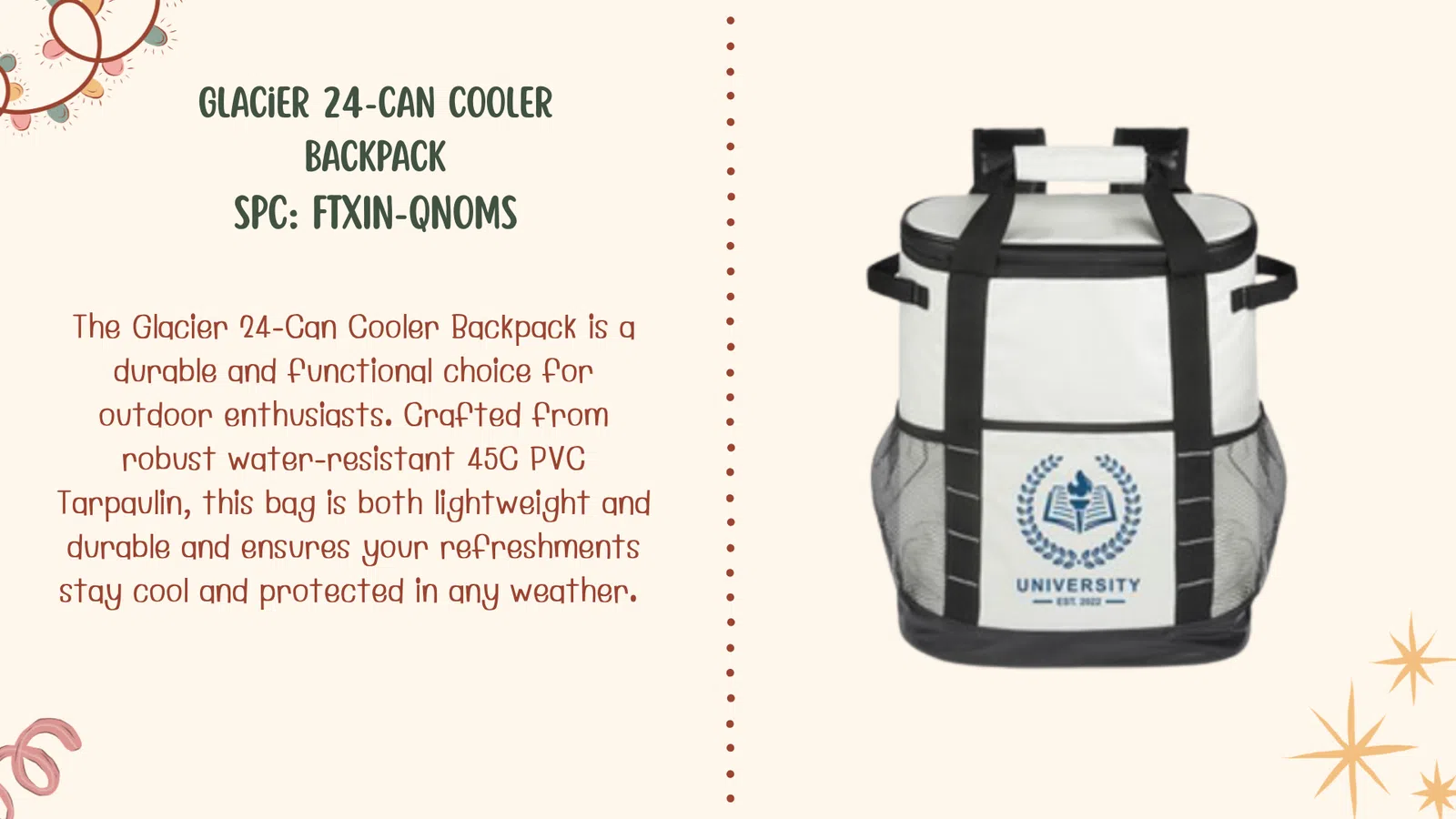 White and black Glacier 24-Can Cooler Backpack with university logo on front pocket