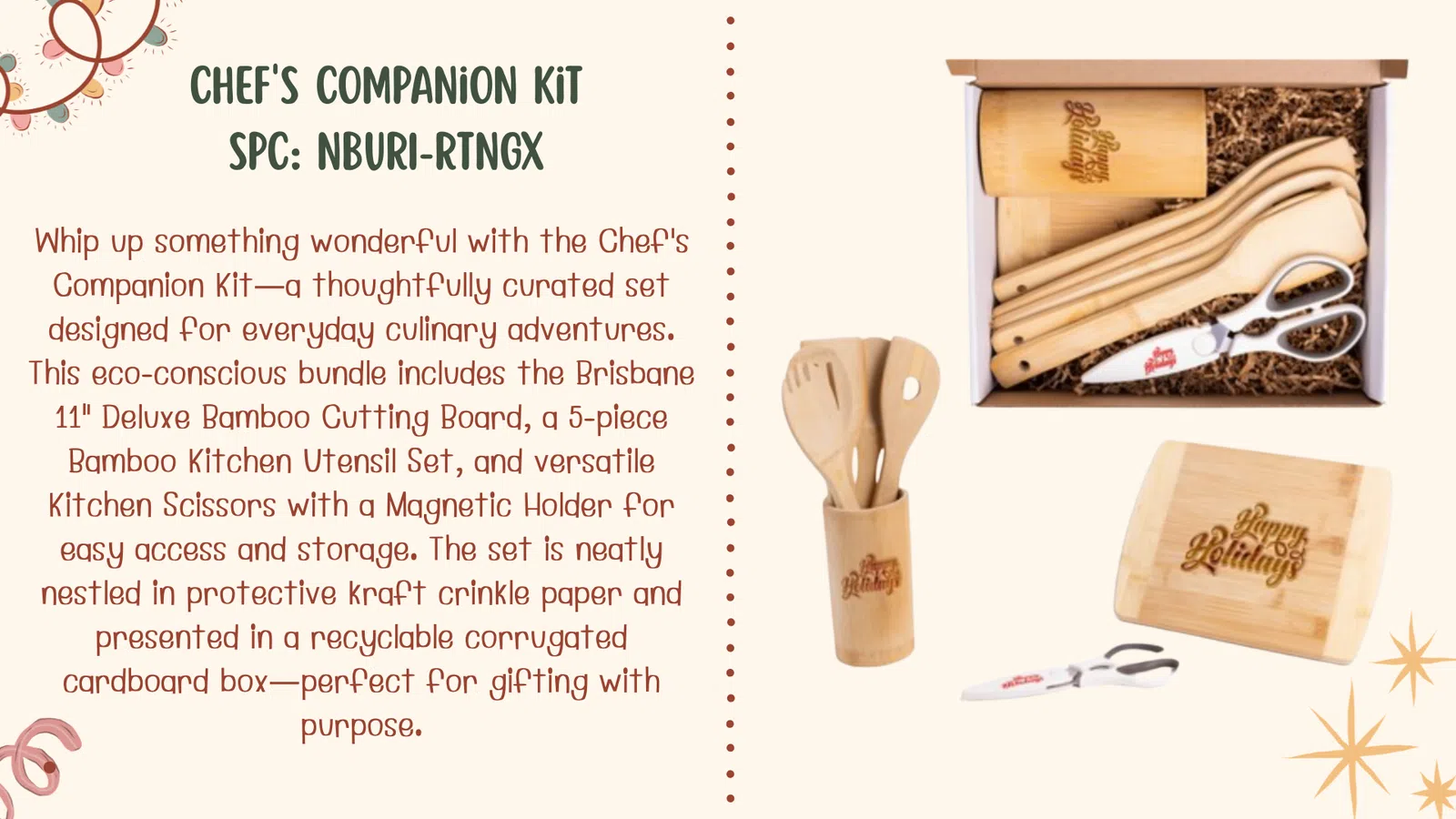 Chef's Companion Kit featuring bamboo cutting board, kitchen utensils, scissors with magnetic holder, gift box.