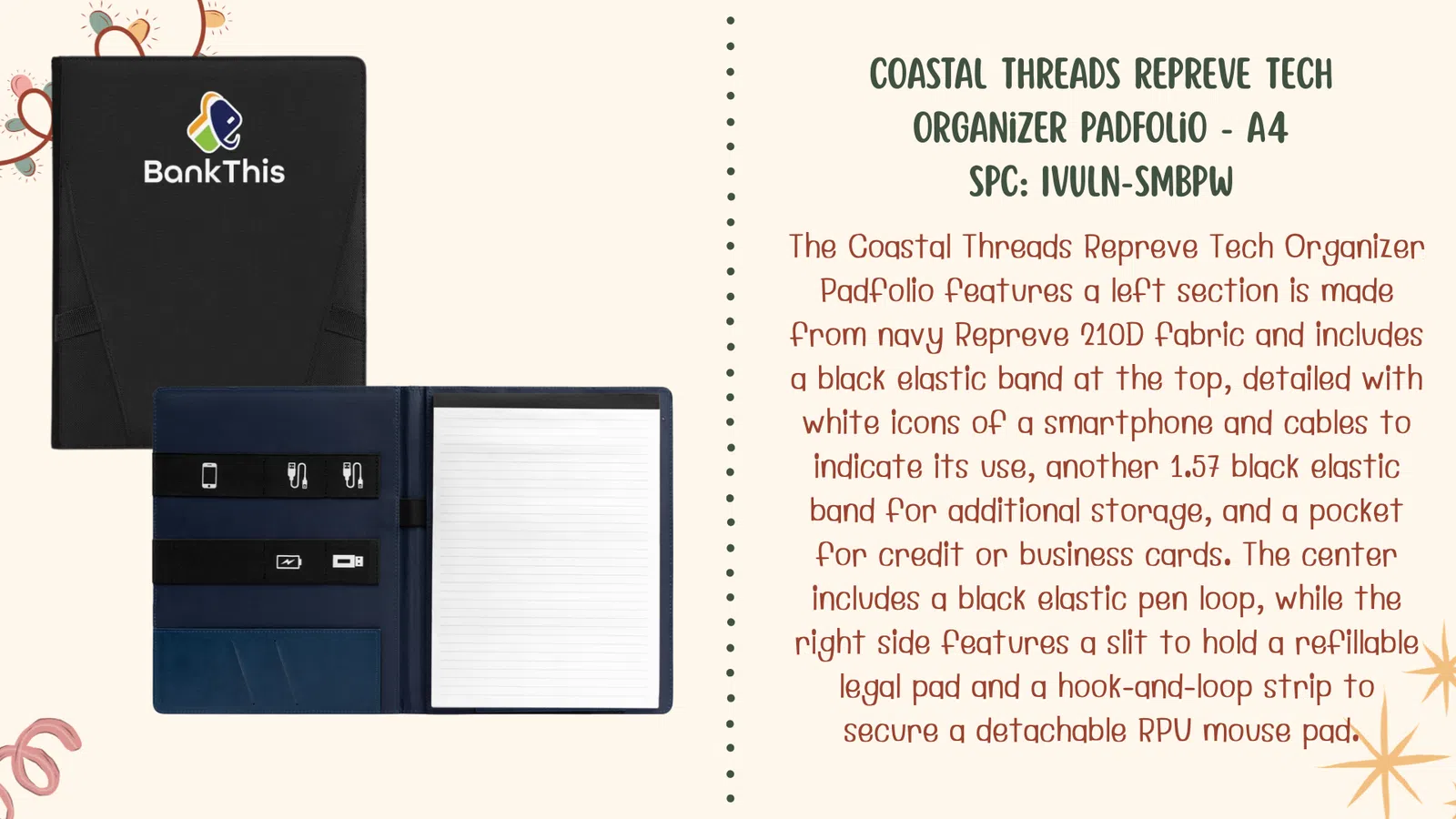 Coastal Threads Repreve tech organizer padfolio in navy with elastic bands, pen loop, card pocket, and detachable mouse pad.