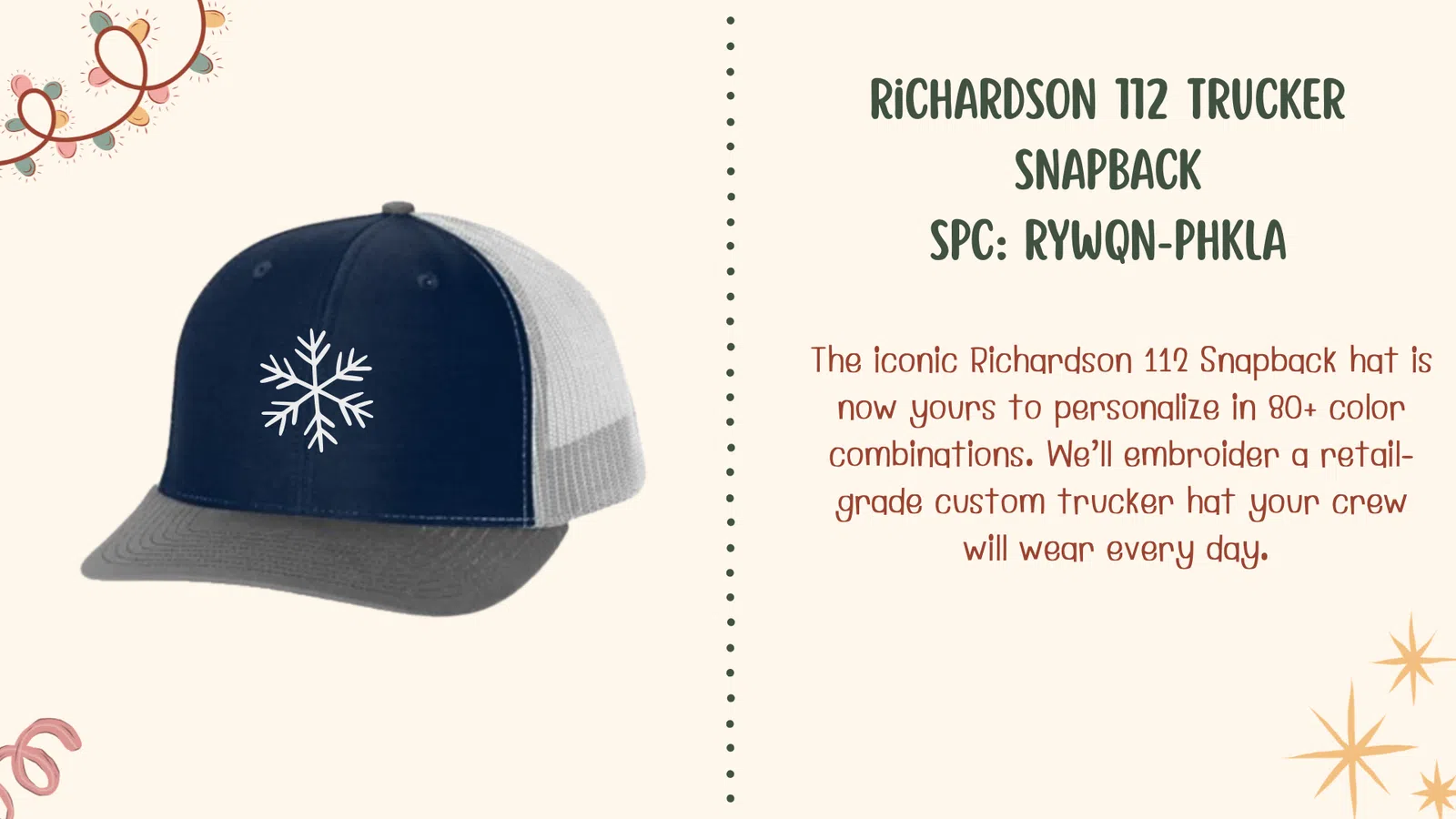 Navy and gray Richardson 112 trucker snapback hat with white snowflake embroidery and mesh back.