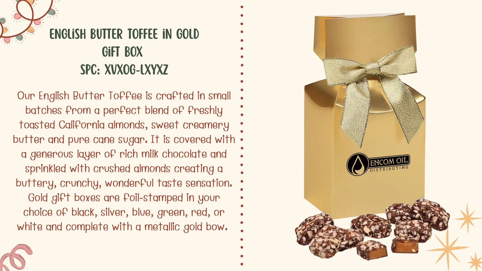 Gold gift box with English Butter Toffee pieces, foil-stamped and tied with a metallic gold bow.