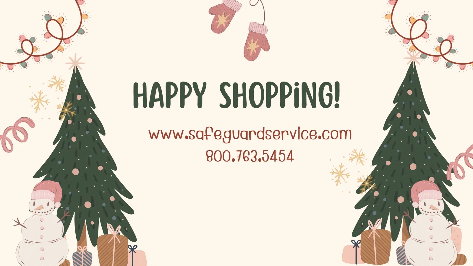 Festive holiday scene with Christmas trees, snowmen, gifts, mittens, and Happy Shopping message.