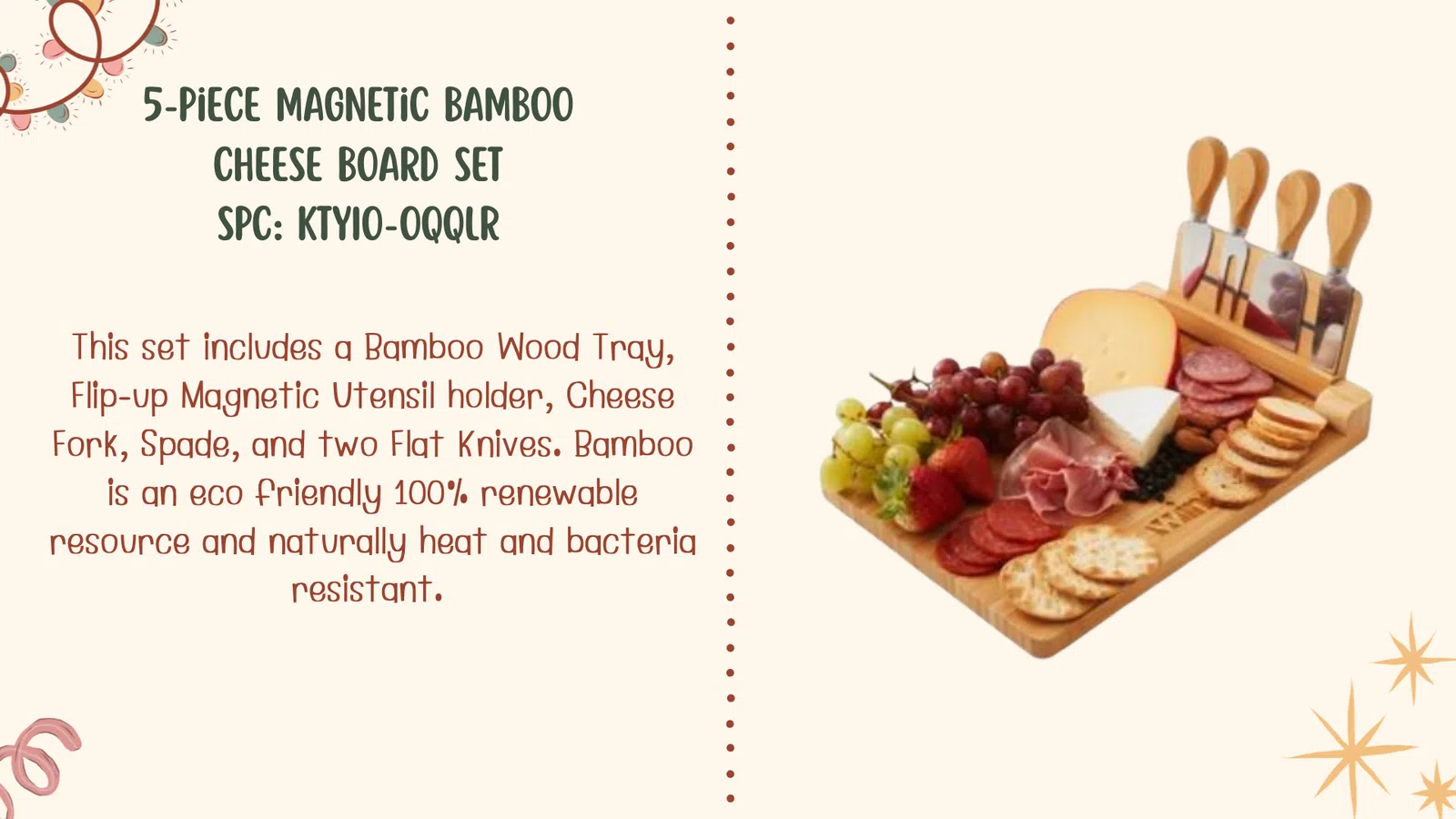 5-piece magnetic bamboo cheese board set with utensils, cheeses, meats, grapes, and crackers on wooden tray