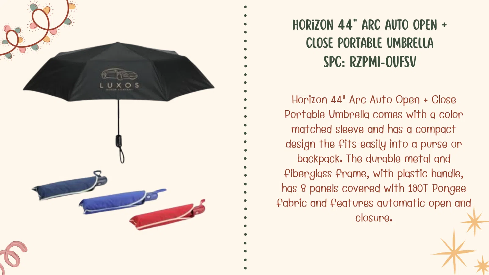 Black Luxos branded 44-inch portable umbrella with matching color sleeves in blue, red, and navy blue.