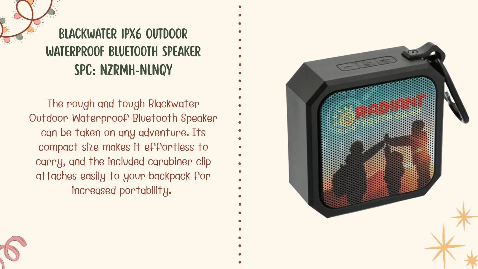 Compact Blackwater IPX6 waterproof Bluetooth speaker with carabiner clip for outdoor adventures and easy portability.