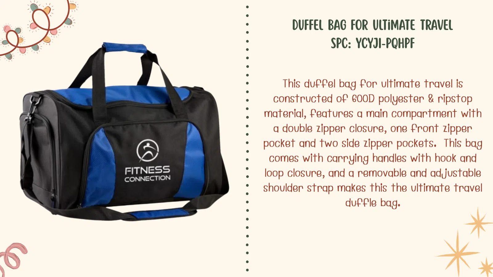 Black and blue duffel bag with multiple pockets and adjustable shoulder strap for ultimate travel convenience.