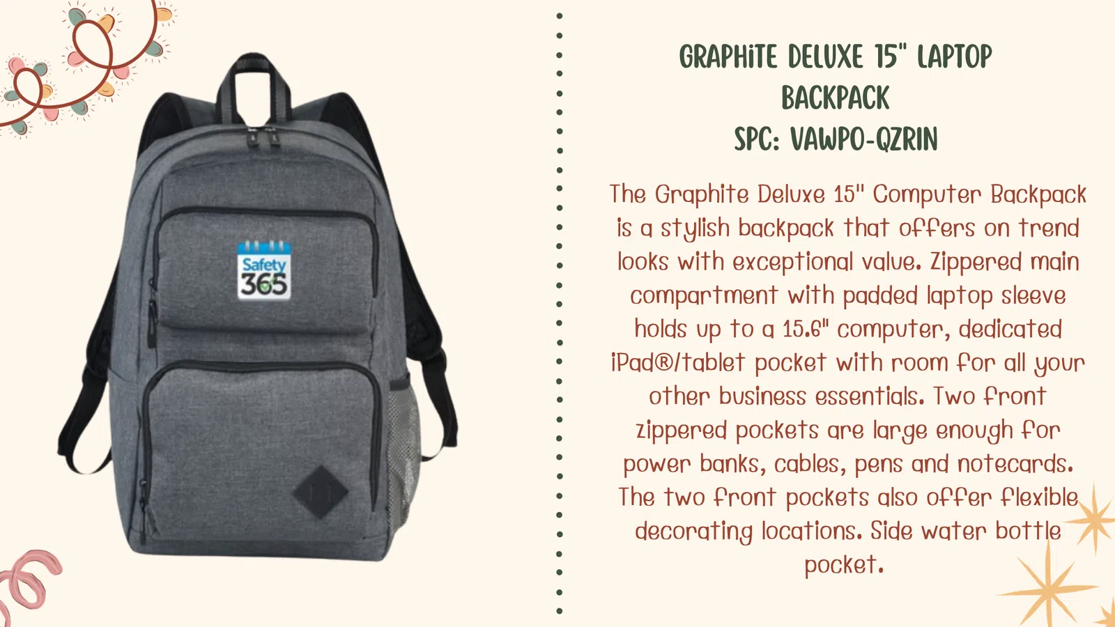Gray Graphite Deluxe 15 inch laptop backpack with multiple zippered compartments and side water bottle pocket.