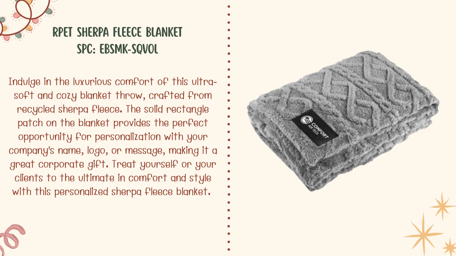 Folded gray sherpa fleece blanket with textured pattern and black logo patch on beige background.
