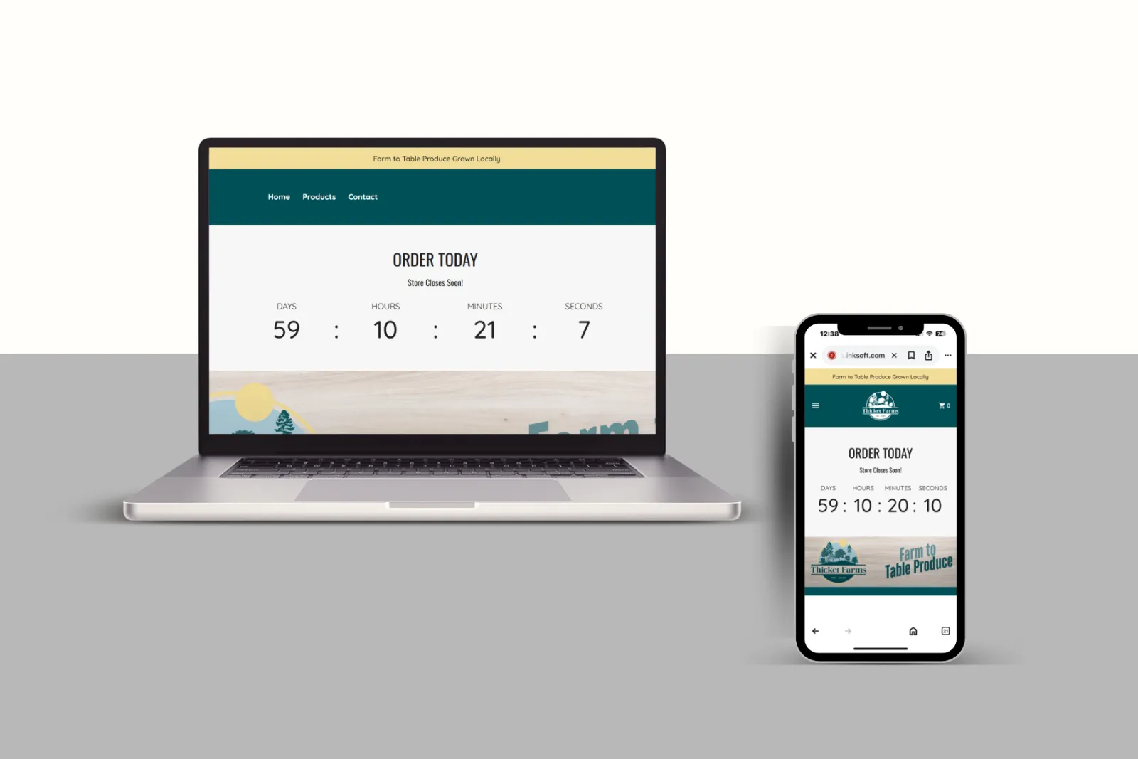 Laptop and smartphone display farm-to-table produce website with order countdown timer and navigation menu.