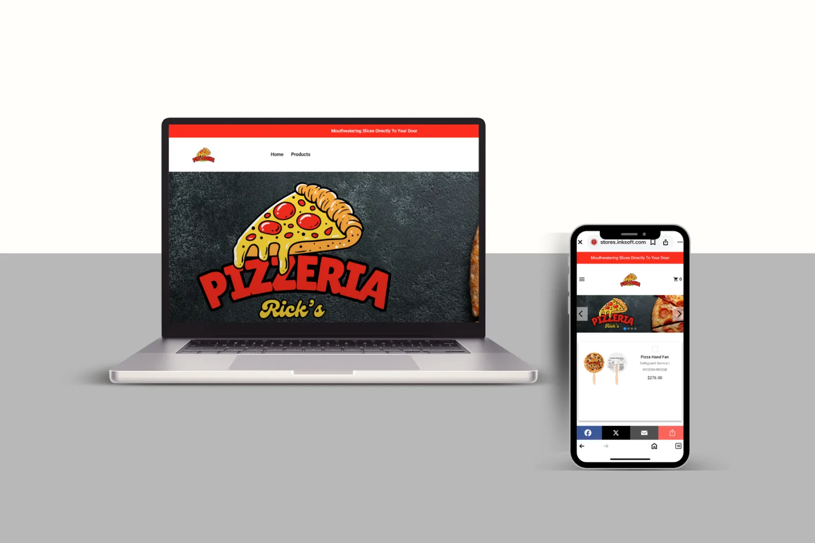 Laptop and smartphone display Pizzeria Rick's website with pizza slice logo against dark background.